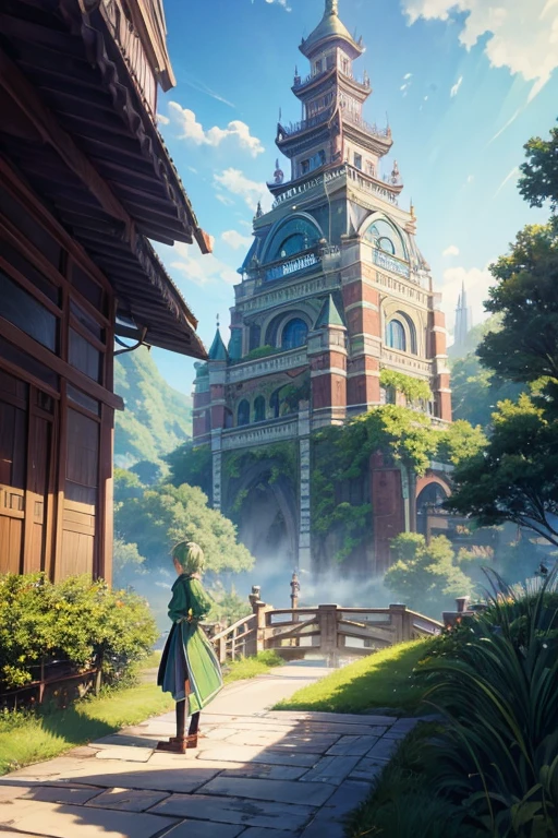 Anime girl in green clothes standing on the bridge in front of the building, small town background, Violet Evergarden, downtown background, Bustling magic town, Xin Haicheng's style, Anime Landscape Concept Art, anime rural scenery, Xin Haicheng. —h 2160, background art, screenshot of animation