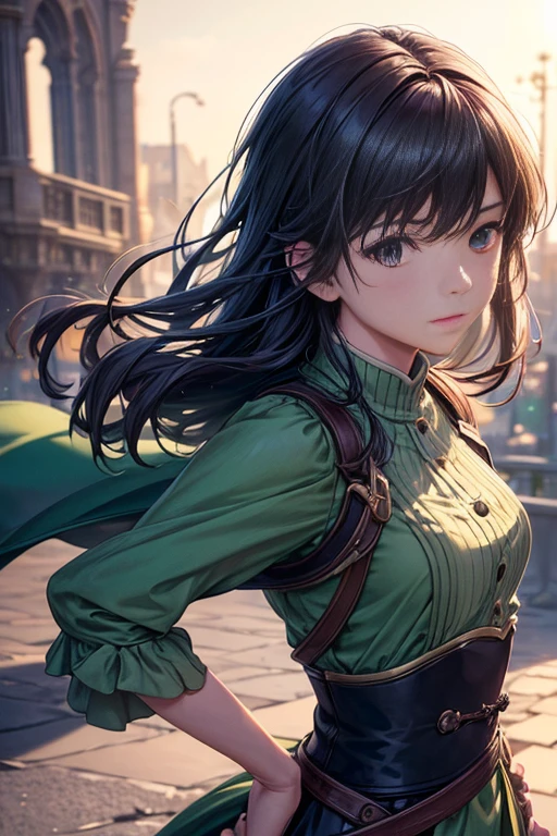 (girl,green clothes,bridge),(small town),(Violet Evergarden),(downtown),(magical bustling town),(Makoto Shinkai's style),(anime landscape concept art),(anime countryside landscape),(Makoto Shinkai),(best quality,4k,8k,highres,masterpiece:1.2),ultra-detailed,(realistic,photorealistic,photo-realistic:1.37),HDR,UHD,studio lighting,ultra-fine painting,sharp focus,physically-based rendering,extreme detail description,professional,vivid colors,bokeh,(portrait-style),(pastel colors),(soft lighting)