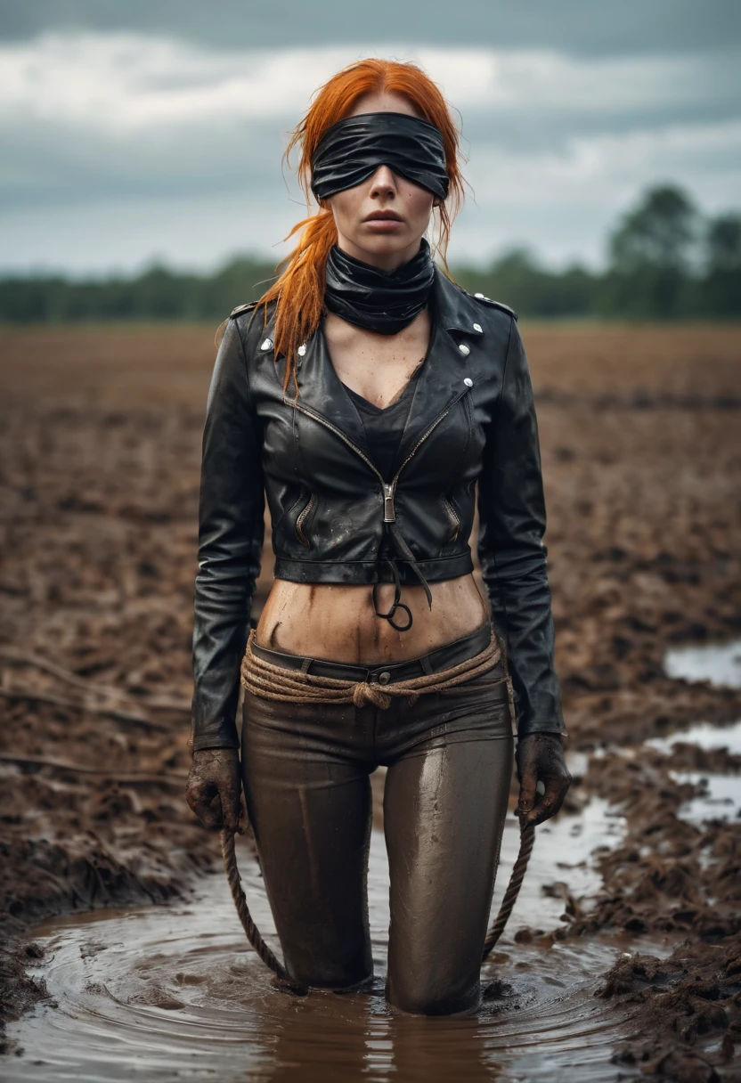 A orange-haired woman in a leather jacket stands waist-deep in muddy bog water, a blindfold covering her eyes and rope tied firmly around her neck. She looks utterly sensual and completely unashamed as she awaits her fate, seemingly inviting the viewer