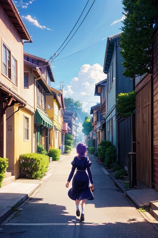 Cartoon character walking down the street in front of a row of houses, Screenshots from animated movies, beautiful anime scenes, anime scene, Animation movie screenshots, anime film still, 京都animation stills, Today's featured anime stills, Anime Landscape Concept Art, anime rural scenery, in animated movies, animation stills, anime scene, Violet Evergarden, beautiful anime scenery