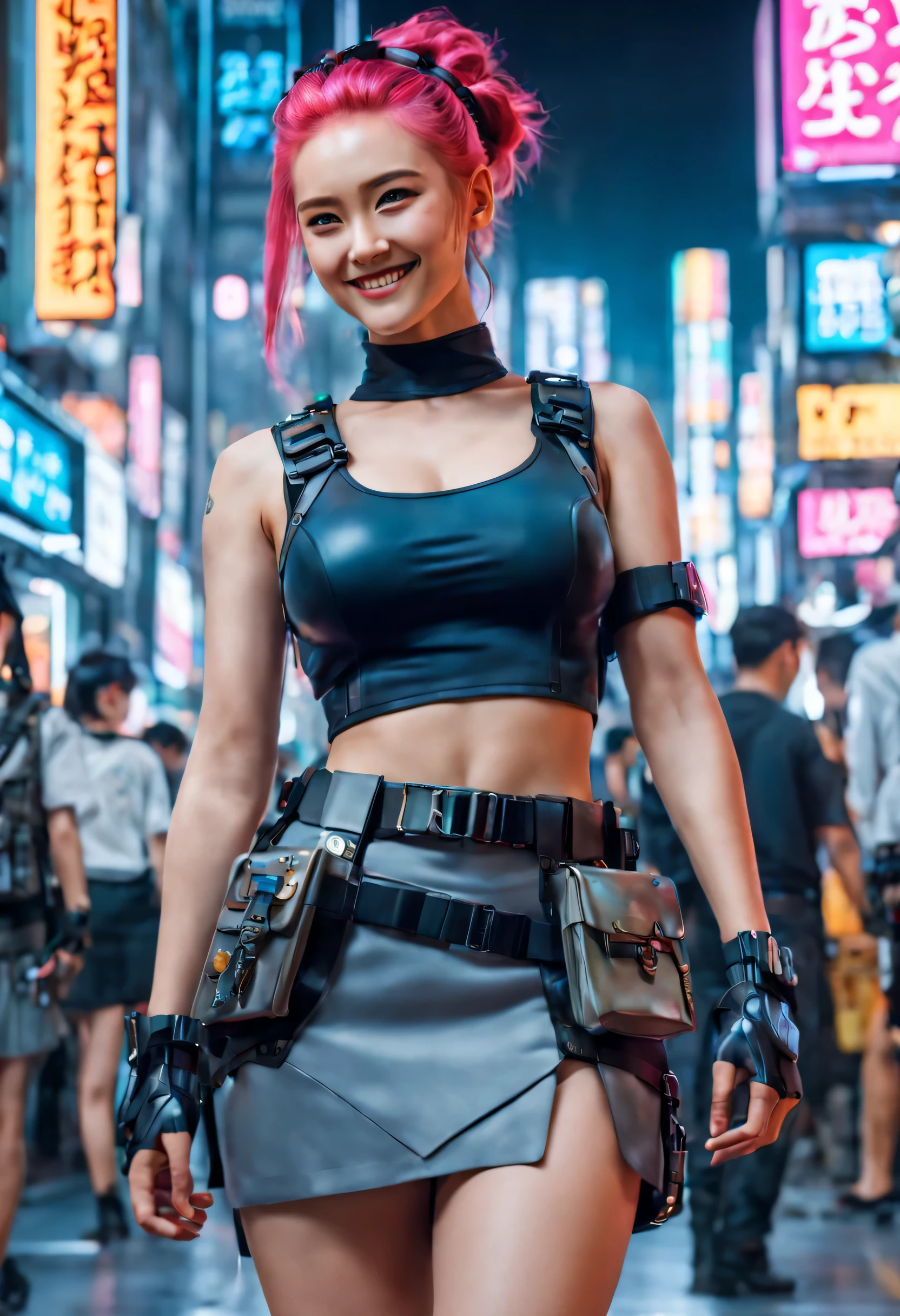 masterpiece, best quality, ((smiling)) cyberpunk girls standing, having grey and grey uniform and black long skirt, Harajuku-inspired cyberpunk body harness, bold colors and patterns, eye-catching accessories, trendy and innovative hairstyle with baroque influence, dazzling Cyberpunk cityscape, skyscrapers, glowing neon signs, LED lights, anime illustration, detailed skin texture, detailed cloth texture, beautiful detailed face, intricate details, ultra detailed, cinematic lighting, strong contrast.