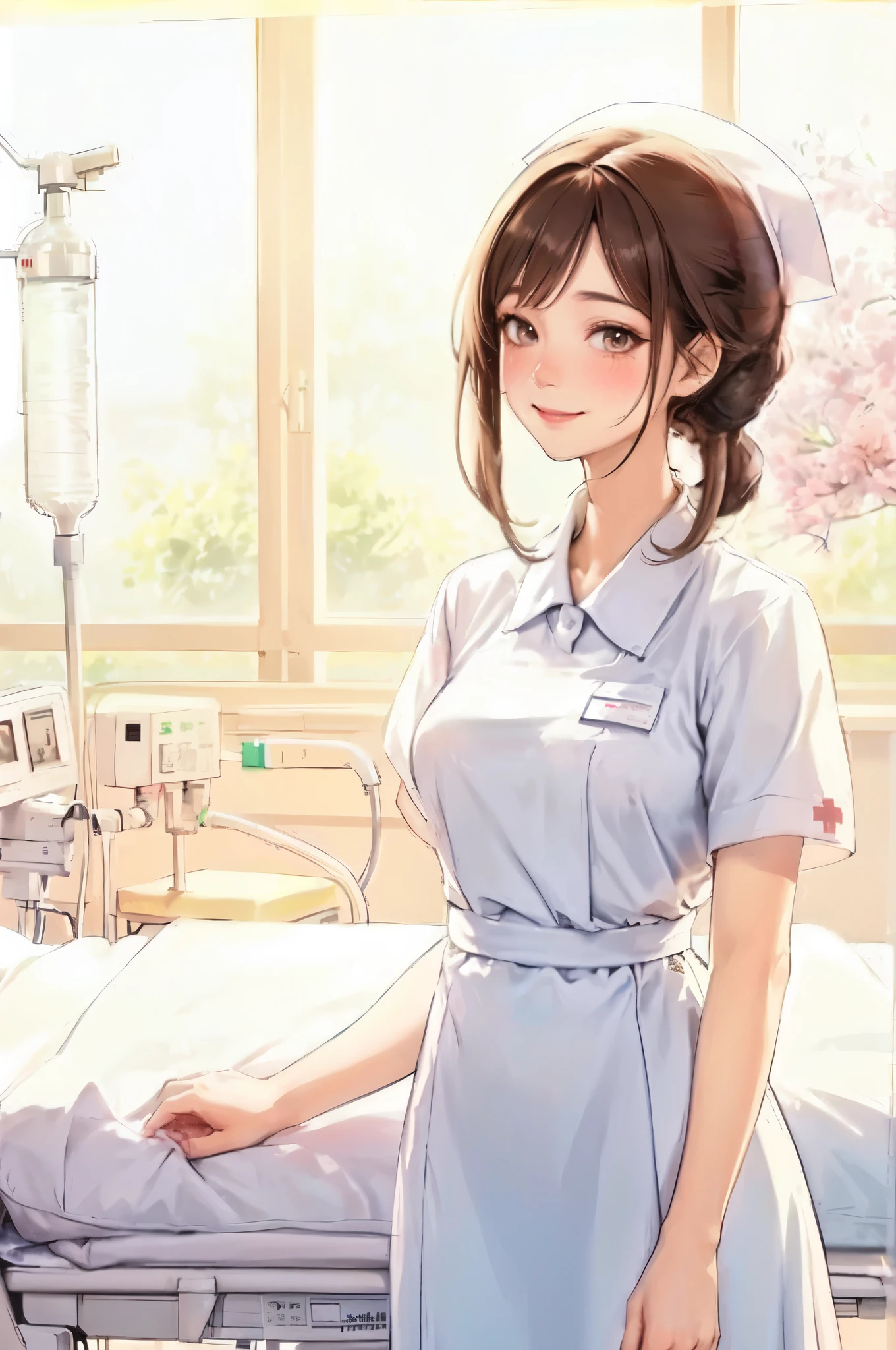 1lady solo, nurse, /(nurse uniform/), mature female, /(brown hair/), blush kind smile, (masterpiece best quality:1.3) delicate illustration ultra-detailed, large breasts BREAK /(hospital indoors/) window