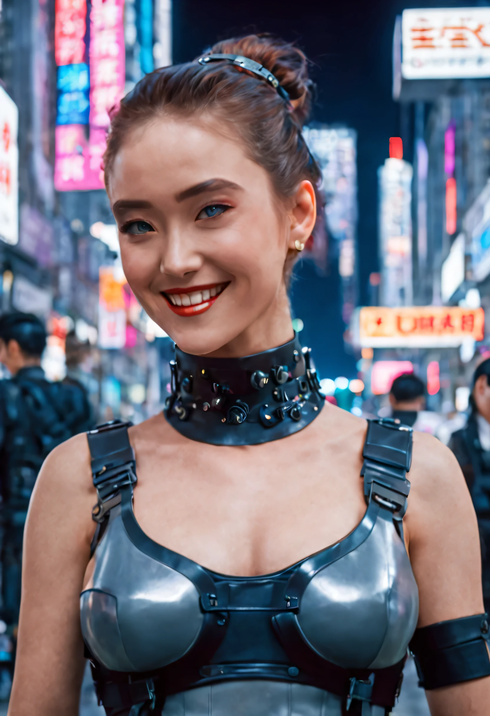 masterpiece, best quality, ((smiling)) cyberpunk girls standing, having grey and grey uniform and black long skirt, Harajuku-inspired cyberpunk body harness, bold colors and patterns, eye-catching accessories, trendy and innovative hairstyle with baroque influence, dazzling Cyberpunk cityscape, skyscrapers, glowing neon signs, LED lights, anime illustration, detailed skin texture, detailed cloth texture, beautiful detailed face, intricate details, ultra detailed, cinematic lighting, strong contrast.
