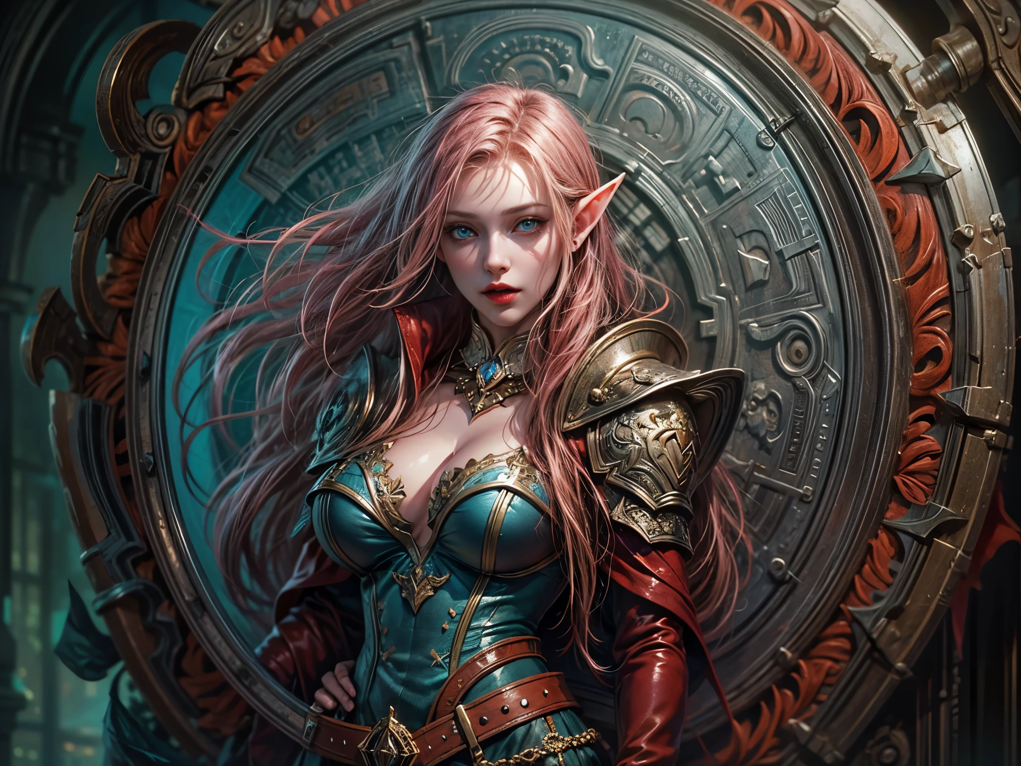 fantasy art, dnd art, RPG art, wide shot a picture of a (massive shield: 1.5) the shield has an image painted on it of  a beautiful female vampire elf, blood dripping, vampiric fangs, with a long curvy hair, light color hair, blue eyes, high details, best quality, 16k, [ultra detailed], masterpiece, best quality, (extremely detailed), close up, photorealistic, RAW, fantasy art, dnd art, fantasy art, realistic art,