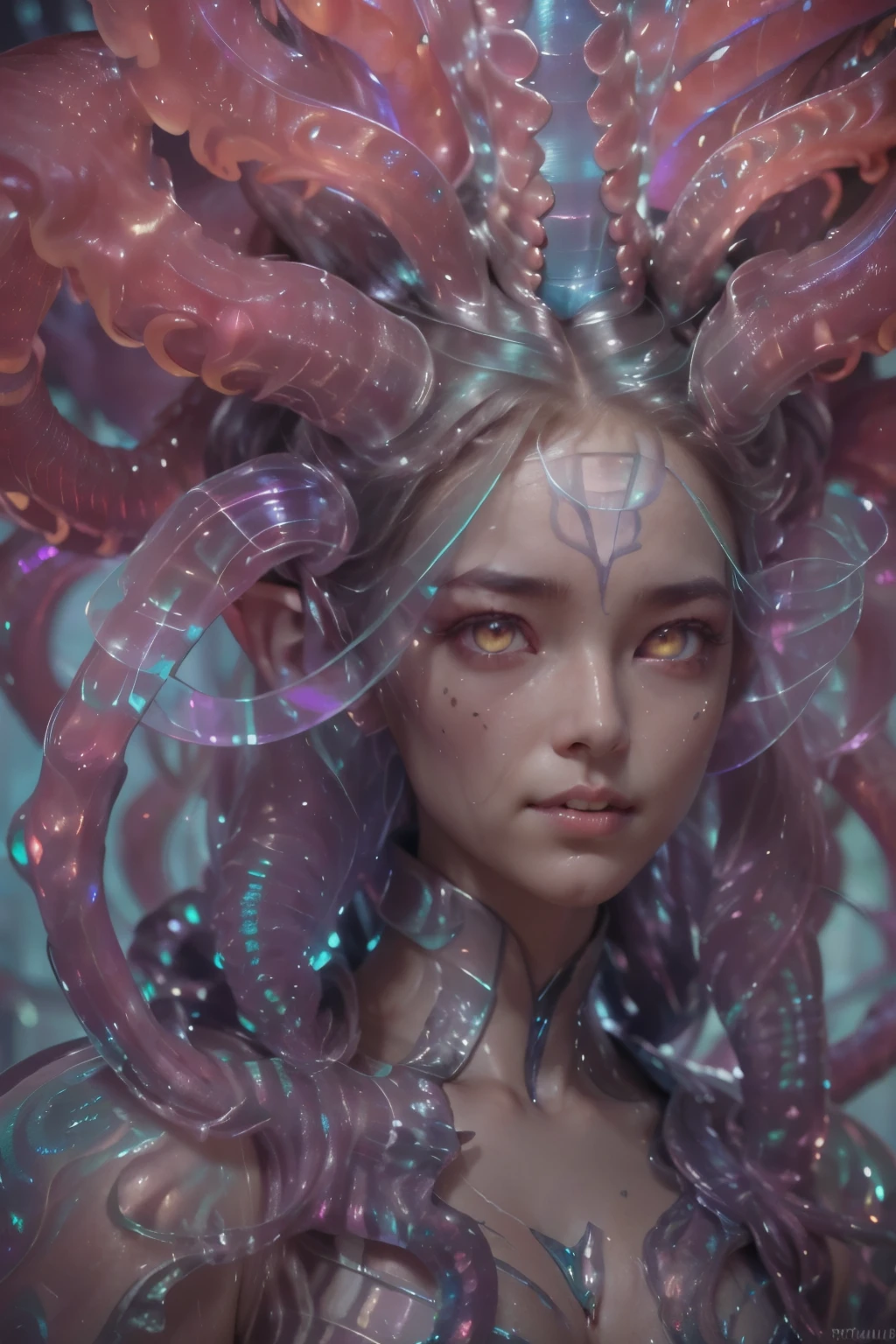 (1 beautiful and obscene female alien:1.4), (There is a female genital-like organ in the middle of the forehead:1.95), (vulgarity1.7), (she is looking at viewers with glowing red eyes with no pupils:1.8), (She has translucent pale skin:1.7),(She has the most beautiful face in the history of the universe:1.2), (She has multiple bioluminescent organs on the side of her tentacles:1.4), (Her body is covered with an iridescent exoskeleton:1.6), (She is showingh her arm pits:1.4), an evil gaze that seduces, (large mouth:1.1), (sharp teeth like a vampire:1.2), Full body portrait, (bio luminescent:1.5), (Smile wickedly:1.3), (sexypose:1.5), alien, No humans, cells are fused, (there are lots of translucent tentacles from her head like her hair:1.8) extraterrestrial, cell, bio image, masterpiece, ultra high resolution, (photos realistic:1.7), scary and sexy detailed art in color, best quality, 8K,In 4K_quality, High freshness, Dramatic Lighting, cinematic quality, (exquisite details:1.2), High freshness, drawing faithfully, (Thick eyebrows:1.2), Beautiful eyes with fine symmetry,(Highly detailed face and eyes:1.2),(Super detailed skin quality feeling:1.4), perfect anatomy, (Beautiful toned body:1.5), (Moist skin:1.2), not wearing makeup, (dark circles:1.1), long canines, cinematic drawing of characters, cinematic quality, (exquisite details:1.2), high resolution, High freshness, drawing faithfully, official art, Unity 8K Wall paper, ultra detailed artistic photography, midnight aura, unreal engine 5, Ultra Sharp Focus, art by Amano Yoshitaka, ArtGerm, Roisch, intricate artwork,ultra realistic realism, dream-like, Creation of fantasy, dream Snail, (biopunk nautilus:1.3),Thrilling color schemes, seductively smiling, Amazing mutation, well-proportioned body, goddess of the deep sea, fractal, Geometric pattern, impossible figures,(asymmetry:1.4), (white tentacles with blue stripes:1.4), subtle emerald green accents, (expression of ecstasy:1.6), wearing iridescent biological armor