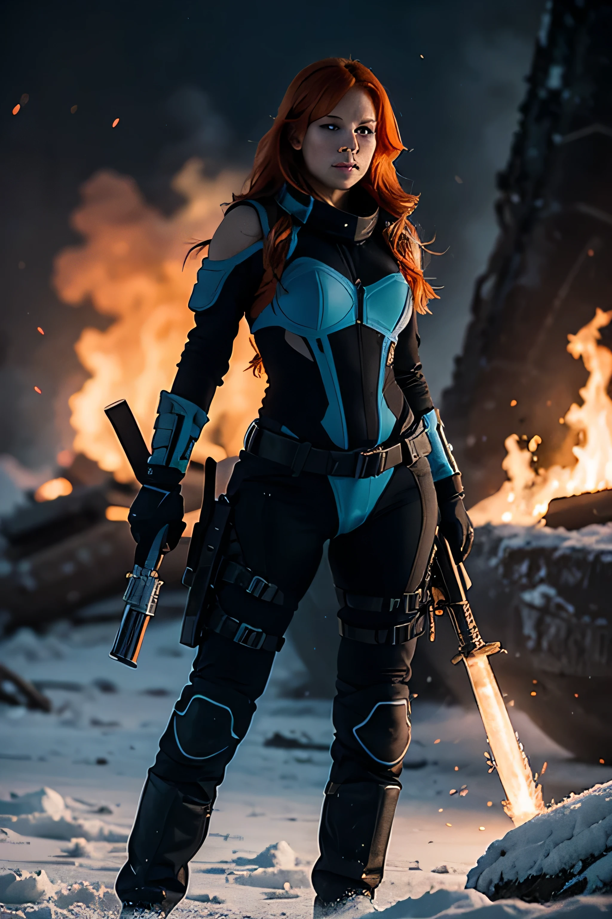 A beautiful orange-haired woman in ice-blue sexy combat gear, with big fire weapons searching for a big predator.