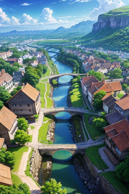 (best quality,4k,8k,highres,masterpiece:1.2),ultra-detailed,(realistic,photorealistic,photo-realistic:1.37),anime,beautiful anime scenery,anime scenery concept art,A beautiful anime screenshot of a village with rivers and streams,bustling magical town,anime countryside scenery,medieval fantasy town of anime,Studio Ghibli anime style,Studio Ghibli environment,anime movie still,image from an anime series,anime scenery,medieval fantasy town,anime background art,medieval fantasy town with rivers and streams,anime landscape concept art