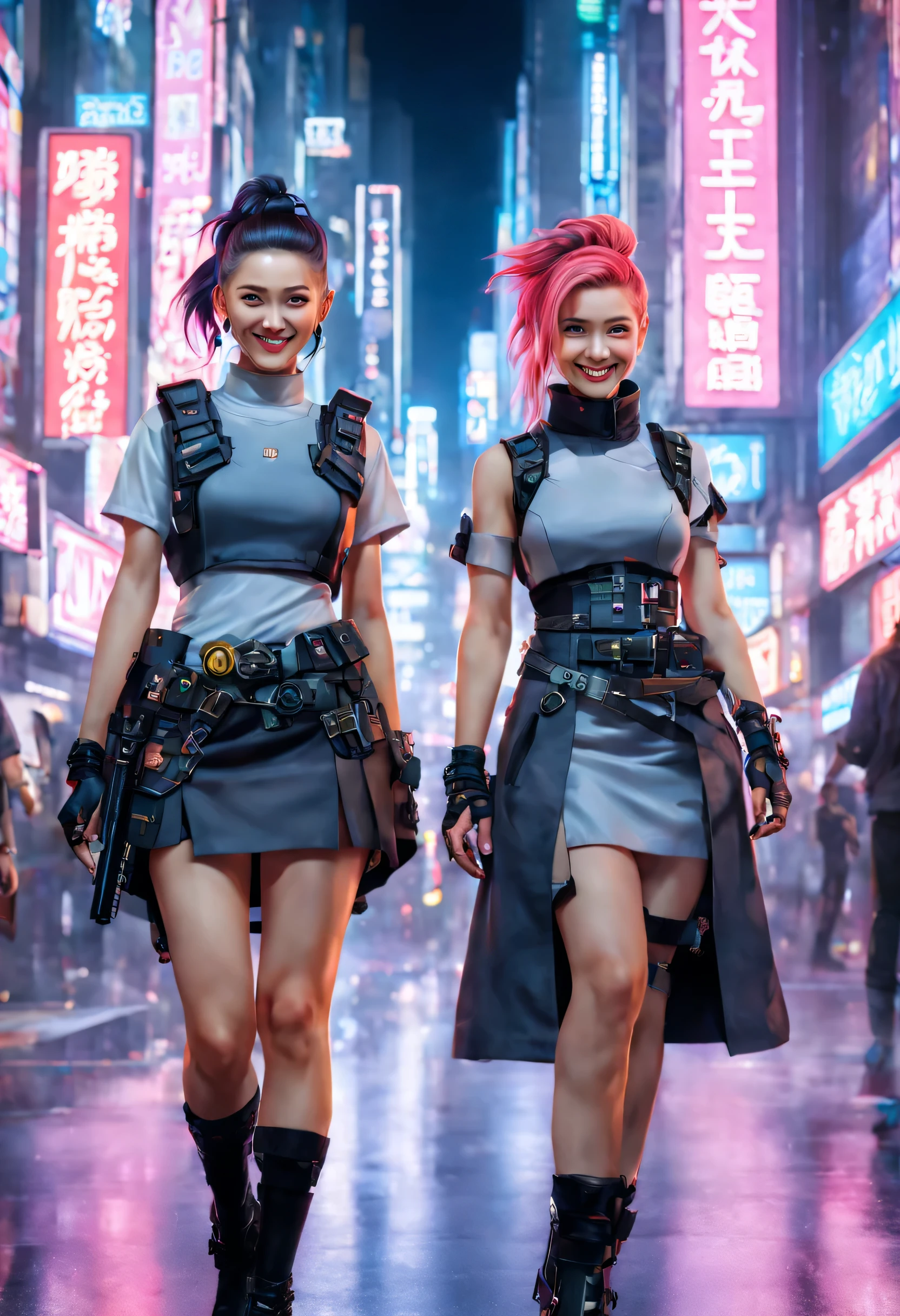 masterpiece, best quality, ((smiling)) cyberpunk girls standing, having grey and grey uniform and black long skirt, Harajuku-inspired cyberpunk body harness, bold colors and patterns, eye-catching accessories, trendy and innovative hairstyle with baroque influence, dazzling Cyberpunk cityscape, skyscrapers, glowing neon signs, LED lights, anime illustration, detailed skin texture, detailed cloth texture, beautiful detailed face, intricate details, ultra detailed, cinematic lighting, strong contrast.