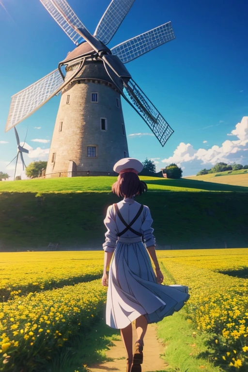 A woman walking in front of a windmill, anime screenshot, anime countryside scenery, screenshot from an animated movie, still from an animated film, curated anime stills of the day, anime movie stills, standing near a castle, screenshot from a 2012 animation, still from a TV anime, anime scene, anime screen capture, animated shot