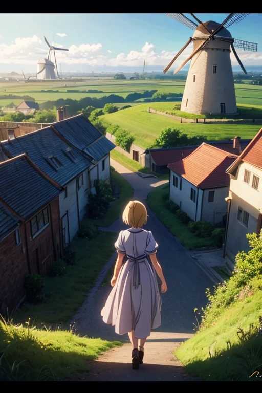 A woman walking in front of a windmill, anime screenshot, anime countryside scenery, screenshot from an animated movie, still from an animated film, curated anime stills of the day, anime movie stills, standing near a castle, screenshot from a 2012 animation, still from a TV anime, anime scene, anime screen capture, animated shot