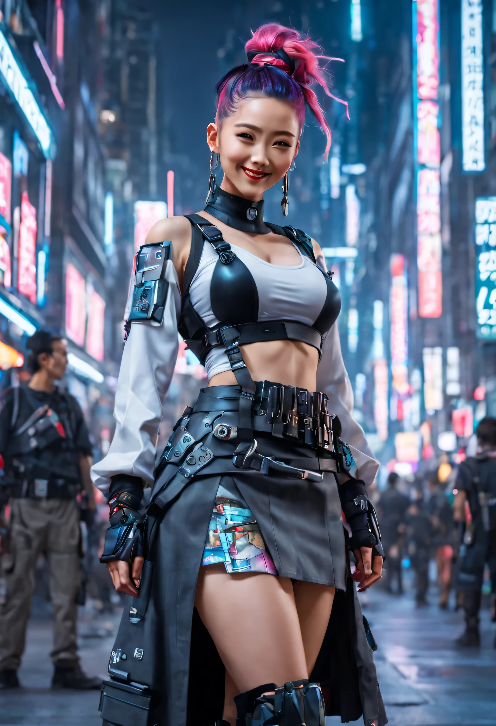 masterpiece, best quality, ((smiling)) cyberpunk girls standing, having grey and grey uniform and black long skirt, Harajuku-inspired cyberpunk body harness, bold colors and patterns, eye-catching accessories, trendy and innovative hairstyle with baroque influence, dazzling Cyberpunk cityscape, skyscrapers, glowing neon signs, LED lights, anime illustration, detailed skin texture, detailed cloth texture, beautiful detailed face, intricate details, ultra detailed, cinematic lighting, strong contrast.