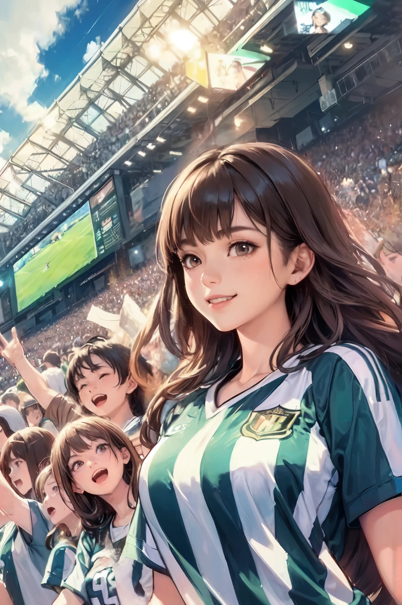 1lady solo, watching football game, facing away, mature female, /(football shirt pleated skirt/), /(brown hair/) bangs, happy smile,  (masterpiece best quality:1.2) ultra-detailed, large breasts BREAK /(football stadium indoors/), audience