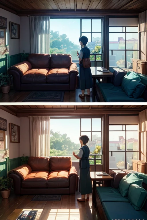 There are several people standing next to the sofa in the room, cozy bistro, Anime Landscape Concept Art, Studio Ghibli movie stills, Studio Ghibli environment, Shen Haicheng, Xin Haicheng. —h 2160, Studio Ghibli's bedroom, Screenshots from animated movies, anime screenshot, anime scene