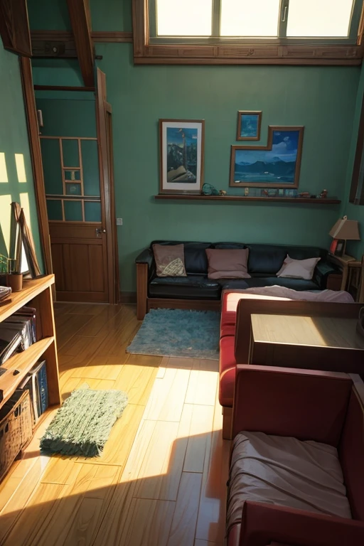 There are several people standing next to the sofa in the room, cozy bistro, Anime Landscape Concept Art, Studio Ghibli movie stills, Studio Ghibli environment, Shen Haicheng, Xin Haicheng. —h 2160, Studio Ghibli's bedroom, Screenshots from animated movies, anime screenshot, anime scene