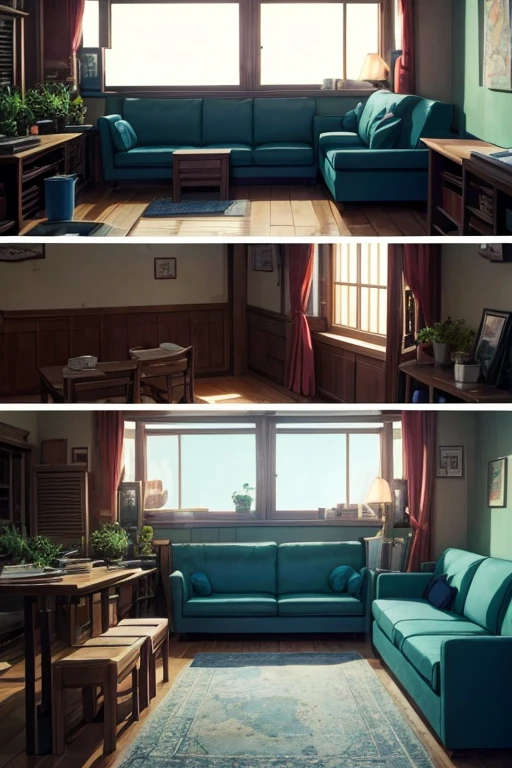 There are several people standing next to the sofa in the room, cozy bistro, Anime Landscape Concept Art, Studio Ghibli movie stills, Studio Ghibli environment, Shen Haicheng, Xin Haicheng. —h 2160, Studio Ghibli's bedroom, Screenshots from animated movies, anime screenshot, anime scene