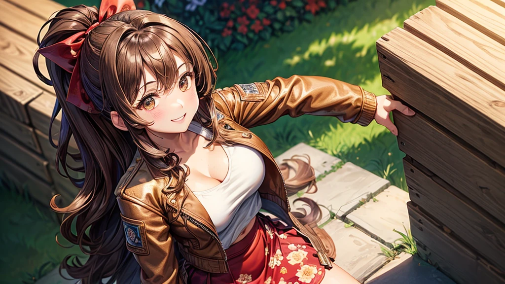 1girl, full body, solo, village, trees, brown hair, long hair, curly hair, ponytail, large breasts, ((floral pattern white top)), cleavage 1:3, brown eyes, ((opened brown zipper jacket)), leather jacket, ((red black skirt)), smile, looking at the viewer, touching neck, standng, hair ribbon, golden necklate