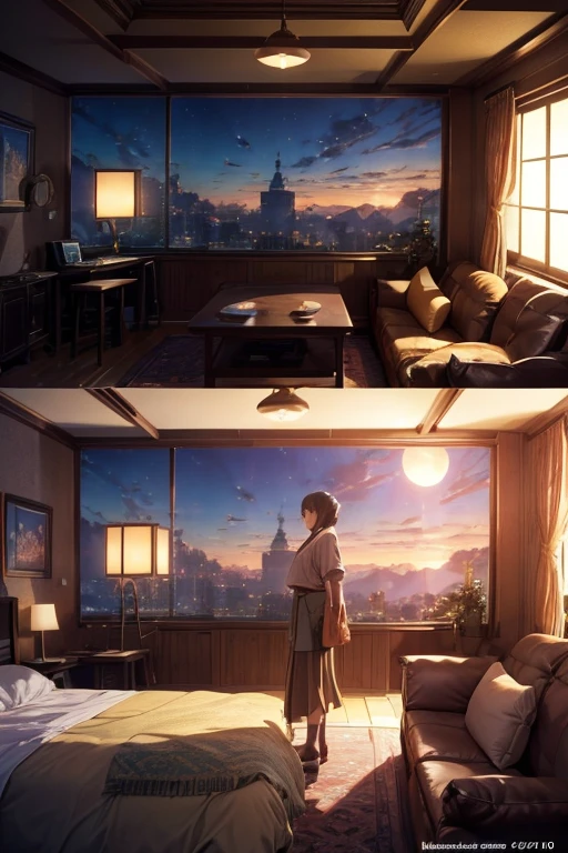 People standing next to the sofa in the room, cozy tavern with multidimensional comfort, anime landscape concept art, still from Studio Ghibli film, Studio Ghibli environment, Makoto Shinkai, Hayao Miyazaki -? 2160, bedroom in Studio Ghibli style, screenshot from an animated film, screenshot from an anime scene. (best quality,4k,8k,highres,masterpiece:1.2), ultra-detailed, (realistic,photorealistic,photo-realistic:1.37), HDR, UHD, studio lighting, ultra-fine painting, sharp focus, physically-based rendering, extreme detail description, professional, vivid colors, bokeh, portraits, landscape, anime style, vibrant color tones, atmospheric lighting.