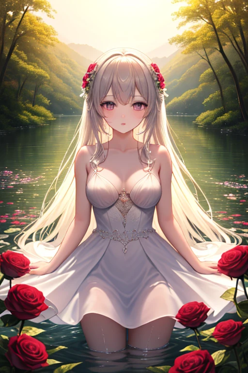 ((top quality)),(ultra high resolution),(Super detailed),(detailed description),((the most picturesque works of art),super precision art,amazing art of depiction,fantasy art:1.5, ((綺麗なflower々:1.3)), (glamorous body:1.5),fancy background effects、masterpiece、fancy details、(NSFW 1.1), ((1 female)), ((muste piece)), ((extremely detailed:1.3)), ((Beautiful woman entering the lake in crystal clear water)), ((beautiful long hair)), wet hair, wearing a transparent dress, Bathing clothed, (水に浮かぶバラのflowerびら:1.5), (early morning light), ivory gold AI, temple, crepuscular lighting, (very huge )、pink 、pink areola,arent pink areola、((Trant pure white wedding dress that shows your skin、Detailed design))、Arranged,intimate, rose garden、colorful roses、lake with floating roses、wet body、(頭にflowerの装飾)、大きなflowerいっぱい、solo, water play, flowerいっぱいの髪飾り, flower々, sky porn,Pure white drehat becomes transparent when wet, shines wet with water、(muste piece),(Highly detailed CG Unity 8K wallpaper),best quality,cinematic lighting,detailed background,beautiful detailed eyes,bright pupils, (very delicate and beautiful),(Beautiful and detailed eyes),((muste piece)),(Purple eyes)