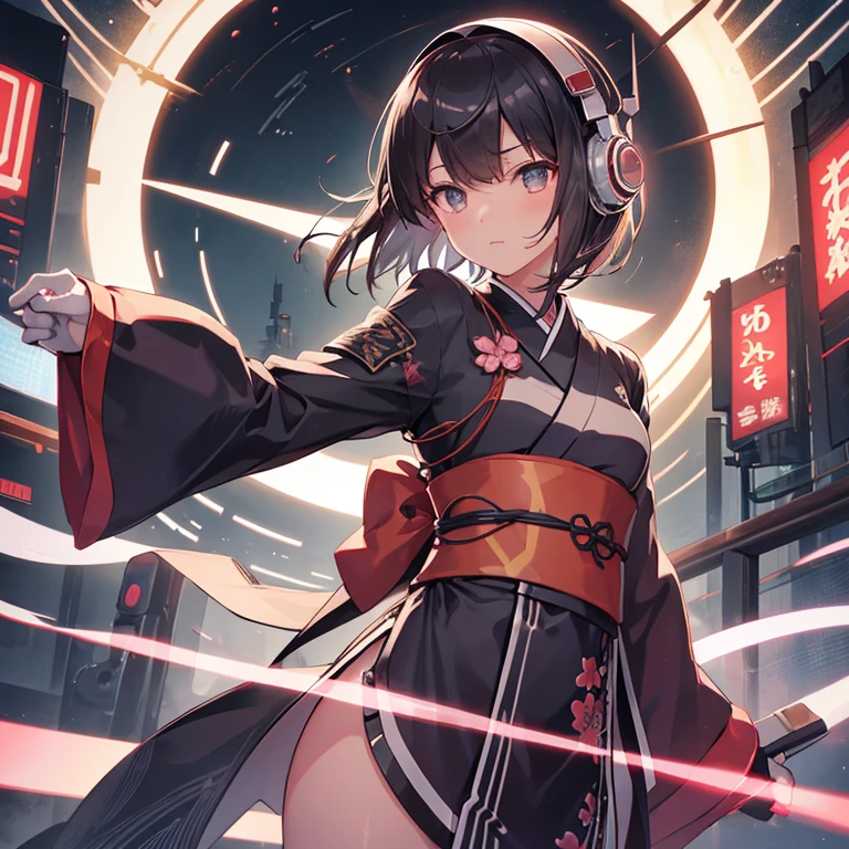 1 girl, solo, bust, Gaze, short hair, (bangs bangs),electronic circuitry、gloves, Hold in hand, sense of the future, arms, kimono, No sleeve, 肘付きgloves, knife, kimono, tattoo, headphone, Ikazuchi、flower