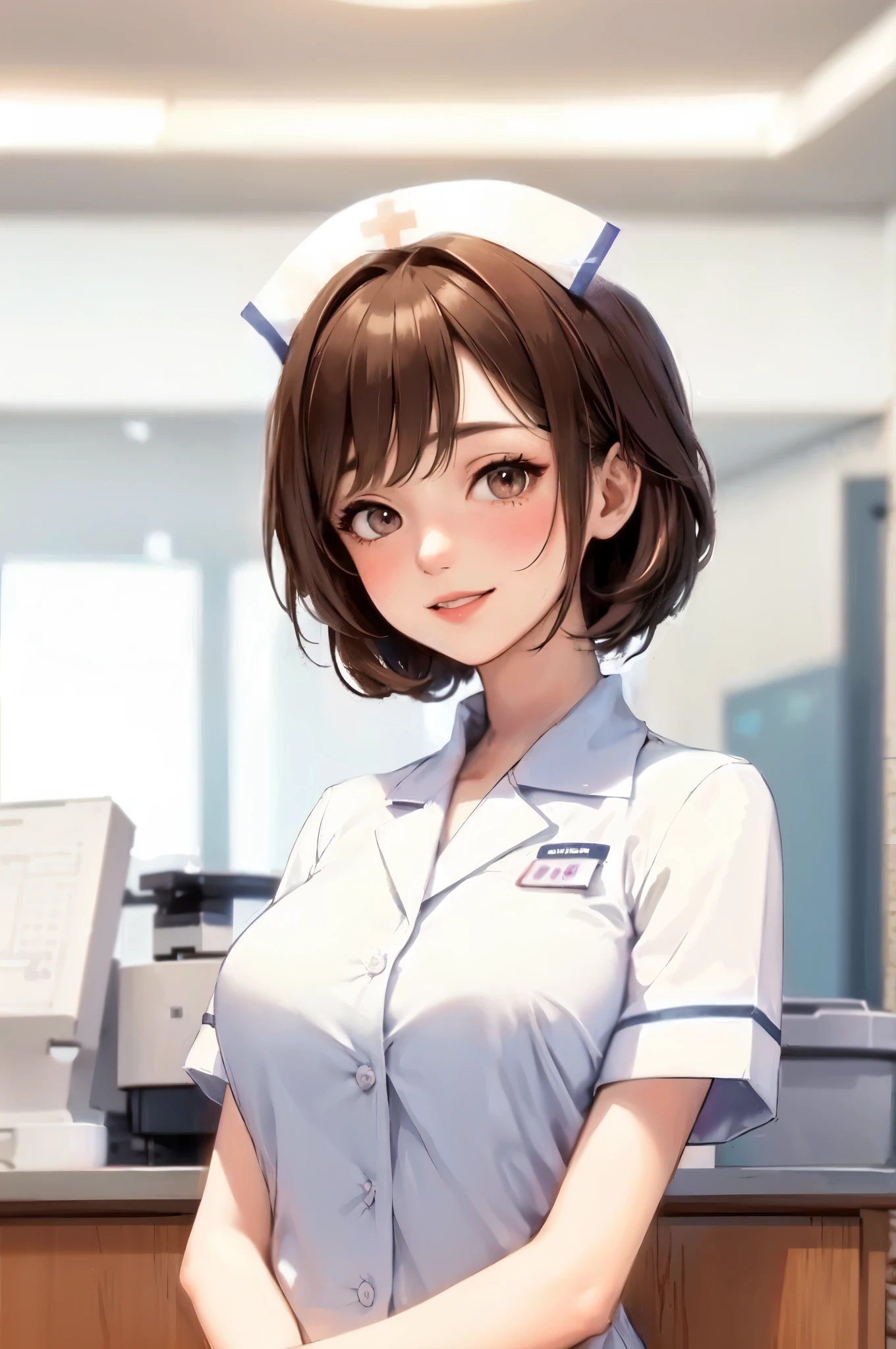 1lady solo, nurse, /(nurse uniform/), mature female, /(light brown hair/), blush kind smile, (masterpiece best quality:1.3) delicate illustration ultra-detailed, large breasts BREAK /(hospital reception/) indoors