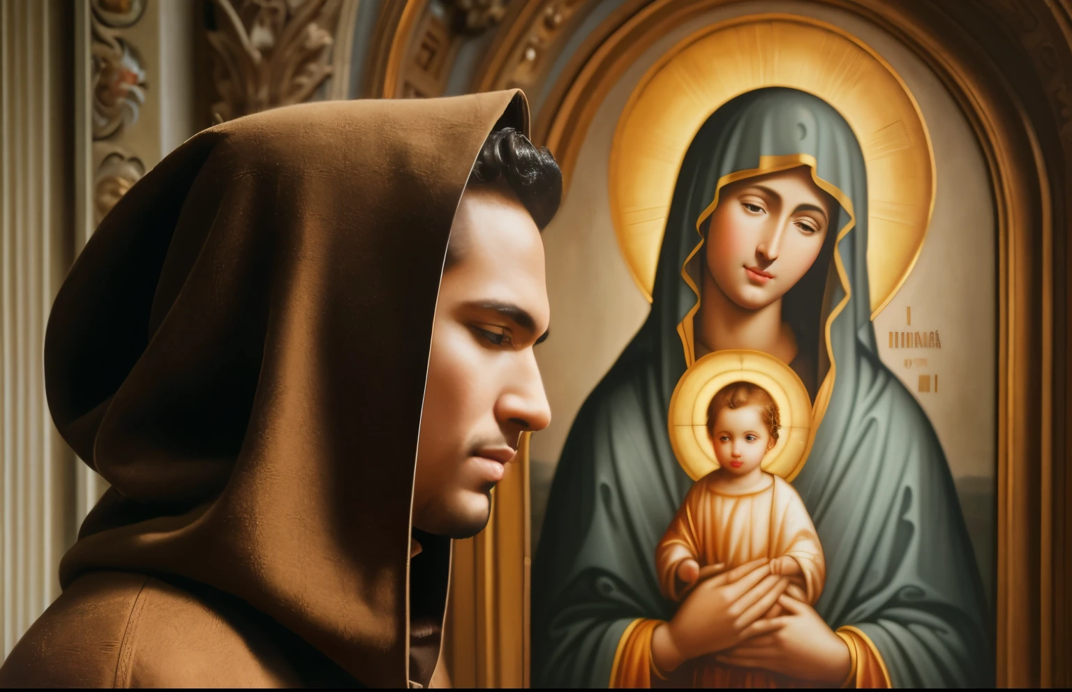 arafed image of a man in a brown hoodie looking at a painting of a woman holding a child, holy iconography, jayson tatum as mother mary, portrait of virgin mary, mary in a sanctuary, with jesus, catholic religious art, virgin mary, unknown artist, catholic icon, artist unknown, by Artur Tarnowski, majestic saint woman