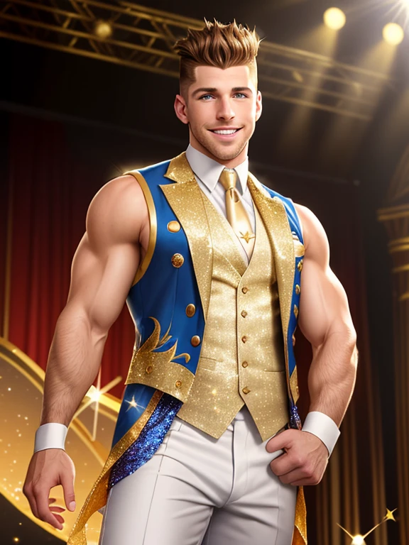 Photorealistic, wide view. A handsome, young , muscular Caucasian Vegas magician, with short, brown hair with shaved sides, and blue eyes, wearing a sleeveless, white and gold vest, and white and gold pants, on stage. he is smiling, with his arms at his side, and magic sparkles swirl around his hands.