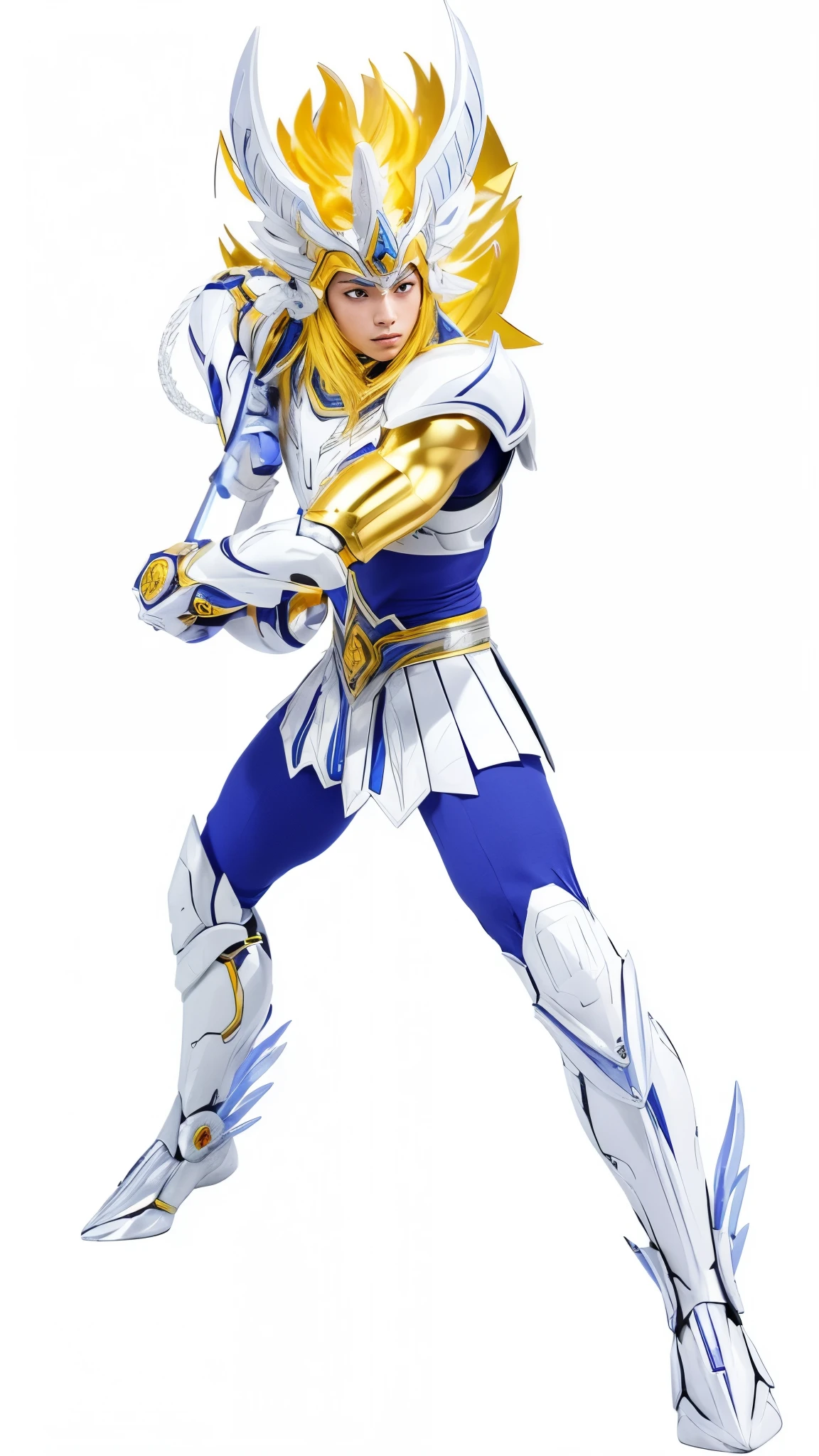 saint seiya pose in battle, in the style of inventive character designs, white and silver, technological fusion, cobra, stylish costume design, aurorapunk, strong facial expression