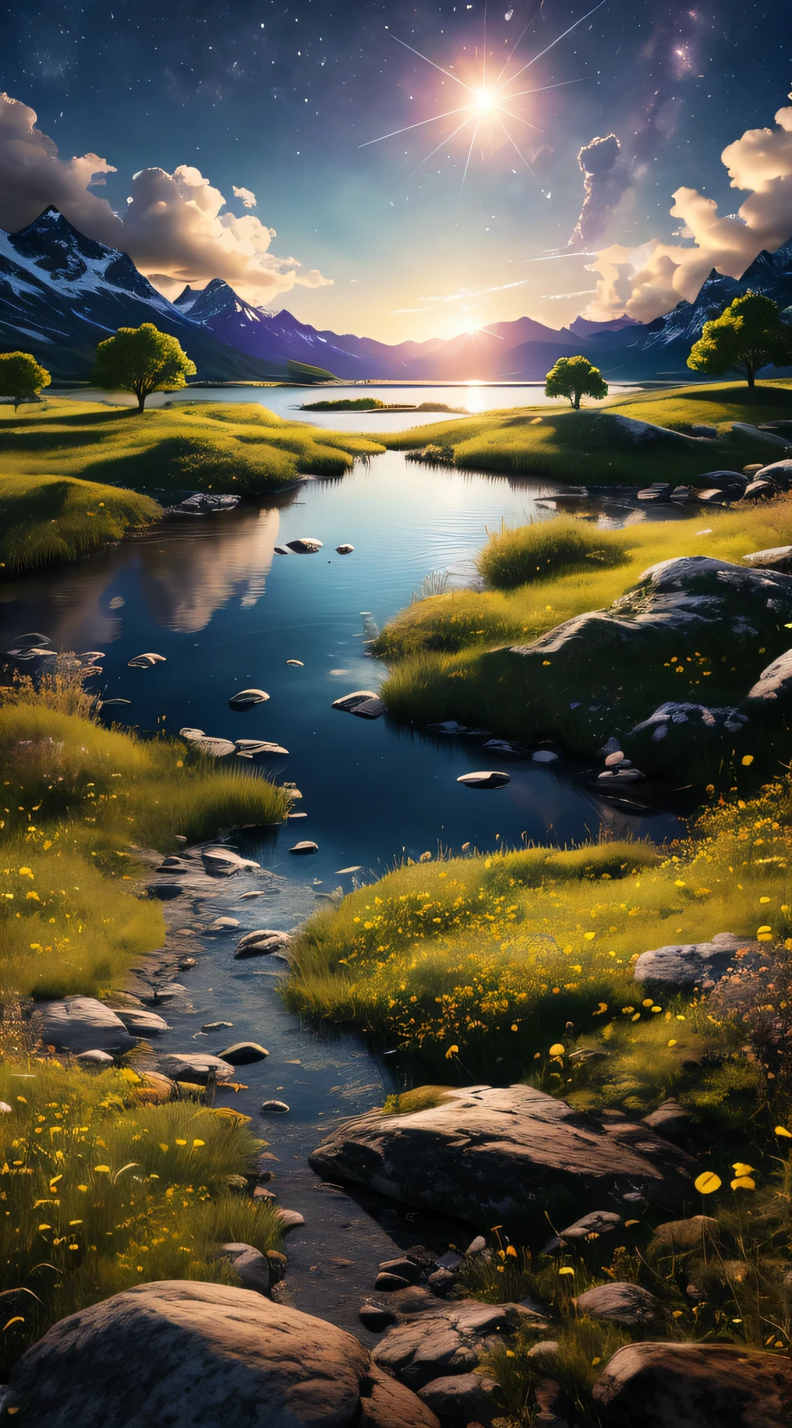 expansive landscape photograph, a view from below that shows sky above and open field below, Masterpiece, best quality, high quality, very detailed CG unified 8k wallpaper, lake, river, moon, wallpaper, ridiculous resolution, high resolution, (masterpiece:1.4), super detailed, stars, seen from above, space, floating, night, delicate blue loght, --v 6