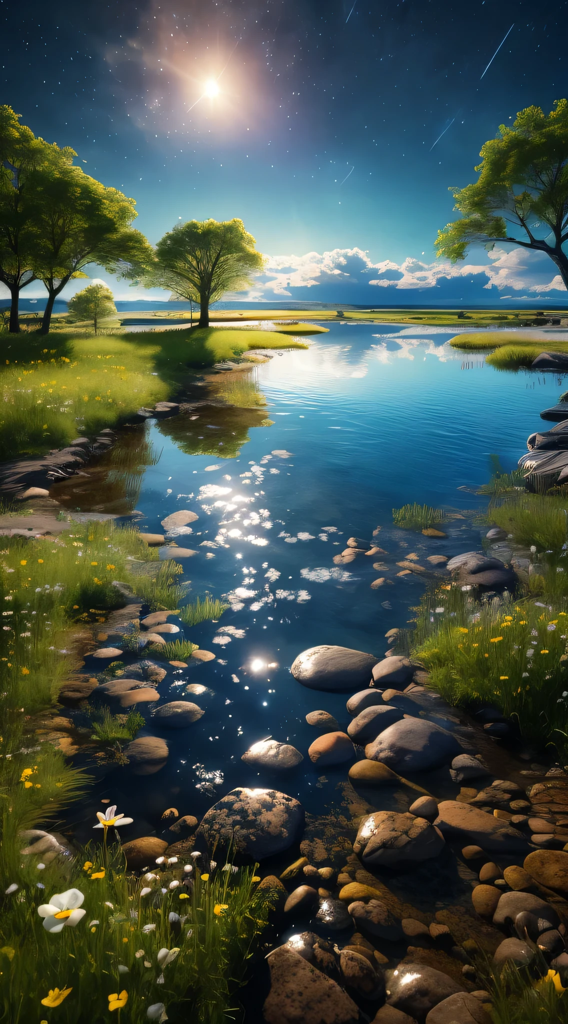 expansive landscape photograph, a view from below that shows sky above and open field below, Masterpiece, best quality, high quality, very detailed CG unified 8k wallpaper, lake, river, moon, wallpaper, ridiculous resolution, high resolution, (masterpiece:1.4), super detailed, stars, seen from above, space, floating, night, delicate blue loght, --v 6