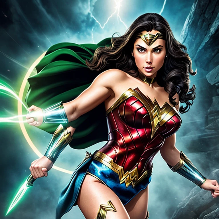 A stunning depiction of Wonder Woman in her iconic Green Lantern suit, accentuating her powerful presence and formidable physique. This illustration showcases her ample bosom, adding a touch of sensuality to her superhero persona. The vibrant colors and intricate detailing bring the character to life, capturing every curve and contour with precision. The composition exudes an air of confidence and strength, with Wonder Woman commanding attention with her prominent attributes. This artwork is a masterful blend of fantasy and realism, immersing viewers in a visually captivating and captivatingly detailed portrayal of the legendary superheroine.