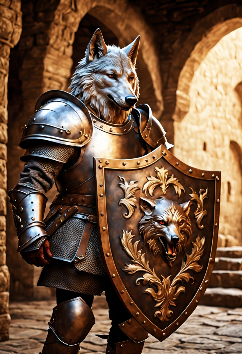 (best quality, 4k, 8k, high resolution, masterpiece: 1.2), ultra detailed, (realistic, photorealistic, photorealistic: 1.37), medieval squire, (shield with engraved wolf: 1.32), authentic medieval knight, exquisite armor, expression fearless, shining sword, castle courtyard, ancient stone walls, spectacular lighting, epic battle scene, detailed horse armor, noble steed, majestic mountains in the background, medieval banner, flag fluttering in the wind, intense atmosphere, realistic metallic textures , fierce warrior, sense of duty, historical accuracy, brave knight ready for combat, chivalry and honor, dark and moody colors, mystical aura surrounding the squire, high contrast, cinematic composition, attention to facial details, ornamental details on the shield, wolf emblem, echoes of the past, brave spirit, immersive experience, time travel.
