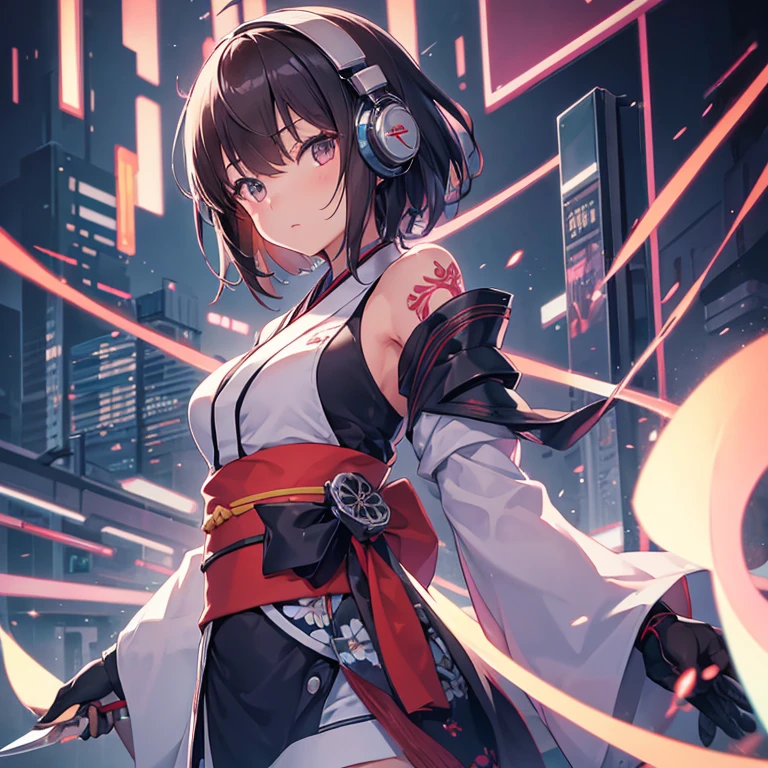 1 girl, solo, bust, Gaze, short hair, (bangs bangs),electronic circuitry、gloves, Hold in hand, sense of the future, arms, kimono, No sleeve, 肘付きgloves, knife, kimono, tattoo, headphone, Ikazuchi、flower