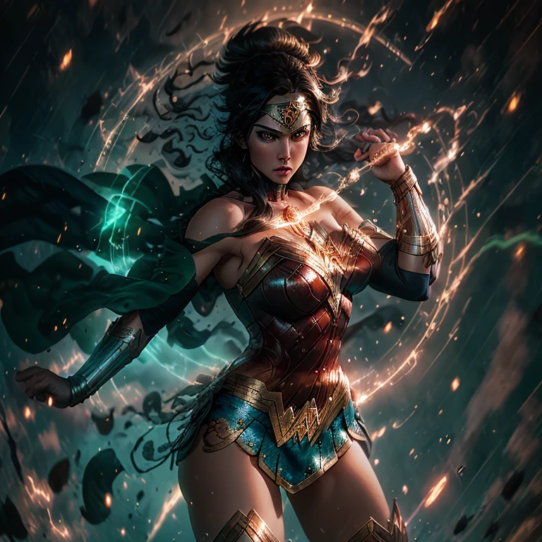 A stunning depiction of Wonder Woman in her iconic Green Lantern suit, accentuating her powerful presence and formidable physique. This illustration showcases her ample bosom, adding a touch of sensuality to her superhero persona. The vibrant colors and intricate detailing bring the character to life, capturing every curve and contour with precision. The composition exudes an air of confidence and strength, with Wonder Woman commanding attention with her prominent attributes. This artwork is a masterful blend of fantasy and realism, immersing viewers in a visually captivating and captivatingly detailed portrayal of the legendary superheroine.