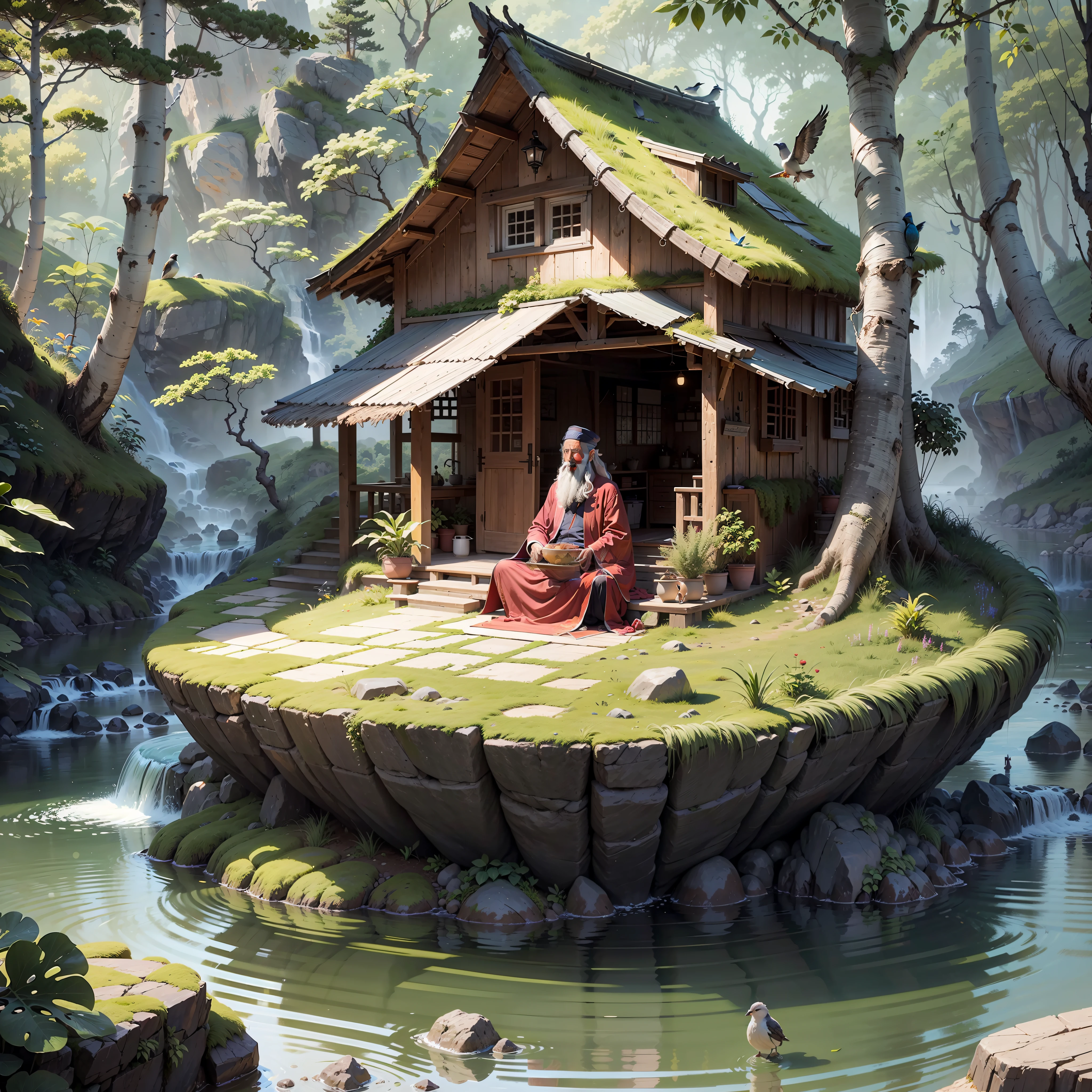 Chinese hermit in the robes of a wise hermit sitting in a meditation position under a waterfall (caindo em seus cabelos) Beautiful in the middle of a rock in a deep lake with carp in a dense and beautiful forest with a hut in the background while the hermit holds in his hand and plays a Chinese bamboo flute and birds surround him attracted by the beautiful sound emitted by the flute and the cabin in the middle of the trees