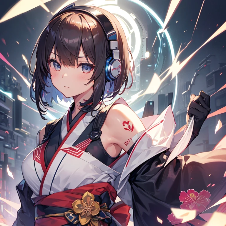 1 girl, solo, bust, Gaze, short hair, (bangs bangs),electronic circuitry、gloves, Hold in hand, sense of the future, arms, kimono, No sleeve, 肘付きgloves, knife, kimono, tattoo, headphone, Ikazuchi、flower