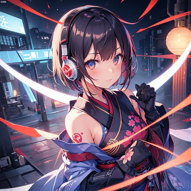 1 girl, solo, bust, Gaze, short hair, (bangs bangs),electronic circuitry、gloves, Hold in hand, sense of the future, arms, kimono, No sleeve, 肘付きgloves, knife, kimono, tattoo, headphone, Ikazuchi、flower