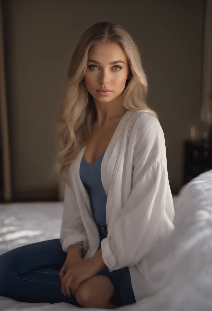 arafed woman fully , sexy girl with blue eyes, ultra realistic, meticulously detailed, portrait sophie mudd, blonde hair and large eyes, selfie of a young woman, bedroom eyes, violet myers, without makeup, natural makeup, looking directly at the camera, face with artgram, subtle makeup, stunning full body shot kneeling on bed, in bedroom, medium to large size bust mixed race