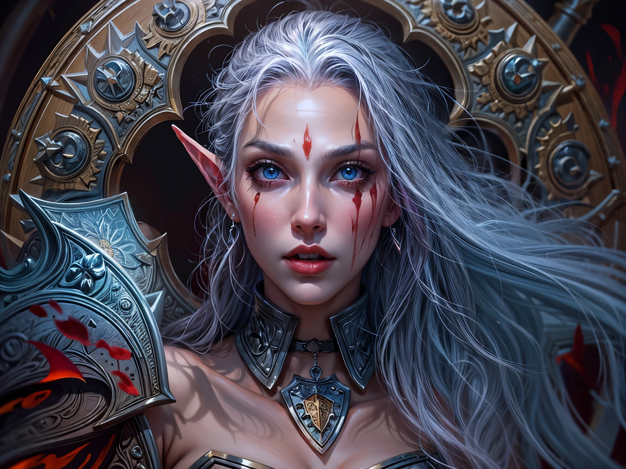 fantasy art, dnd art, RPG art, wide shot a picture of a (massive shield: 1.5) hanging on the wall, the shield has an artful image of  a beautiful female vampire elf, blood dripping, vampiric fangs, with a long curvy hair, light color hair, blue eyes, high details, best quality, 16k, [ultra detailed], masterpiece, best quality, (extremely detailed), close up, photorealistic, RAW, fantasy art, dnd art, fantasy art, realistic art,