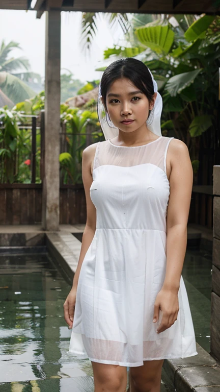 Indonesian women, a little fat, wearing a wet and thin white dress. Realistic, 8K, 4K, HD