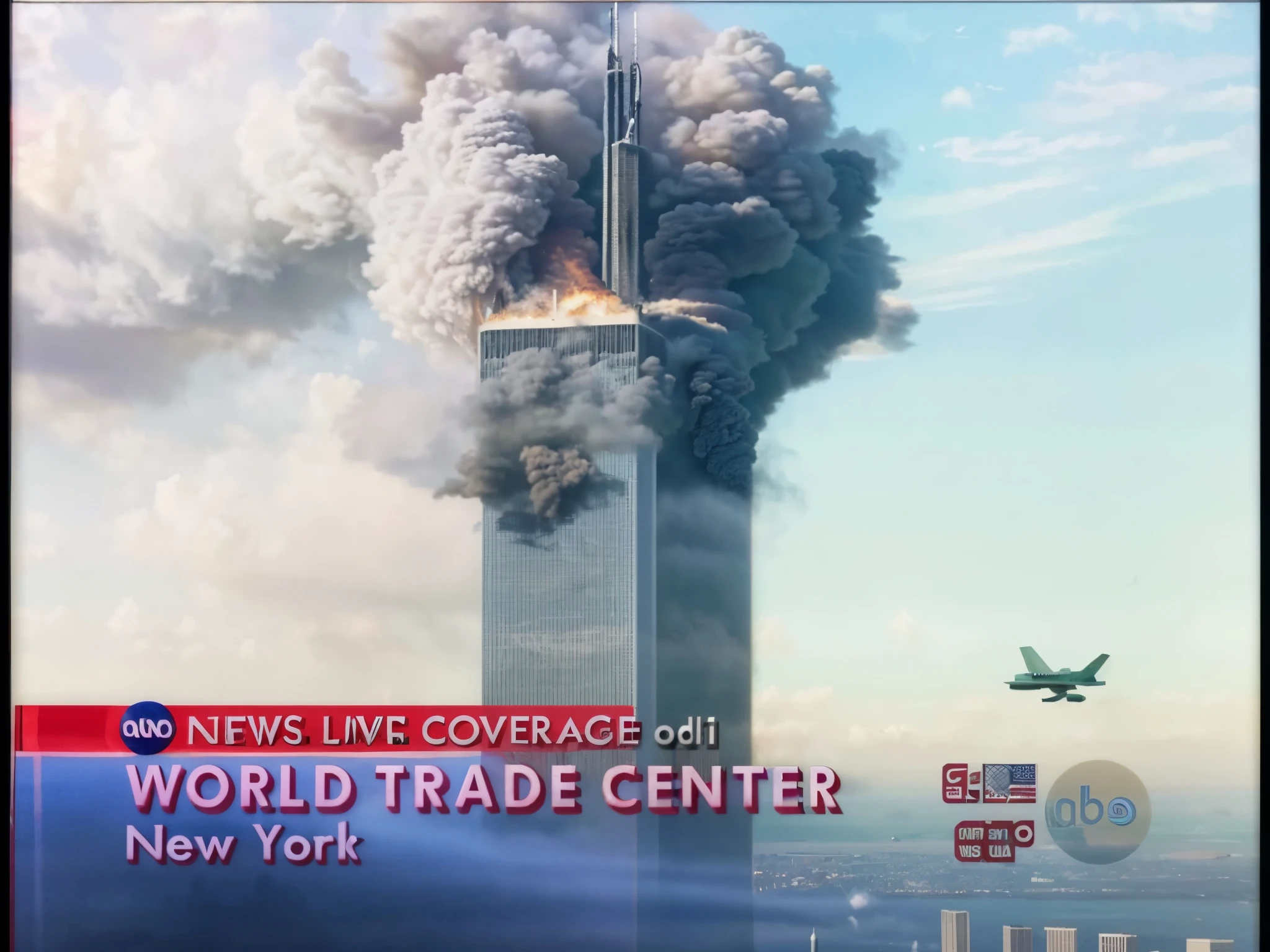 a close up of a television screen with a plane flying in the sky, 9/11, 9 / 1 1, 9 / 1 1 attacks, news footage, cnn news footage, footage, video, 4 0 9 6, scene from the voice of america, tv footage, in 2 0 0 2, breaking news, news, world trade center twin towers