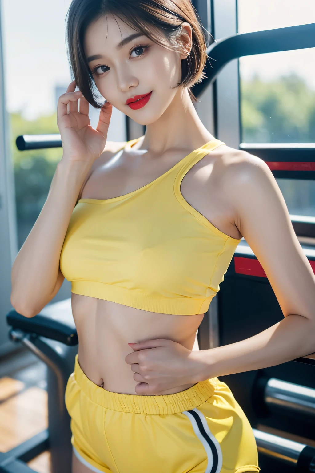 Best quality, 4k, 8k, side detailed face, clear face, pretty girl, Korean makeup, red lips, smile, eyes looking into the distance, perfect body, shoulder length straight short hair, huge breasts, thighs, slim, Thin, girl wears yellow short clothes, shorts, girl raises hands in the gym