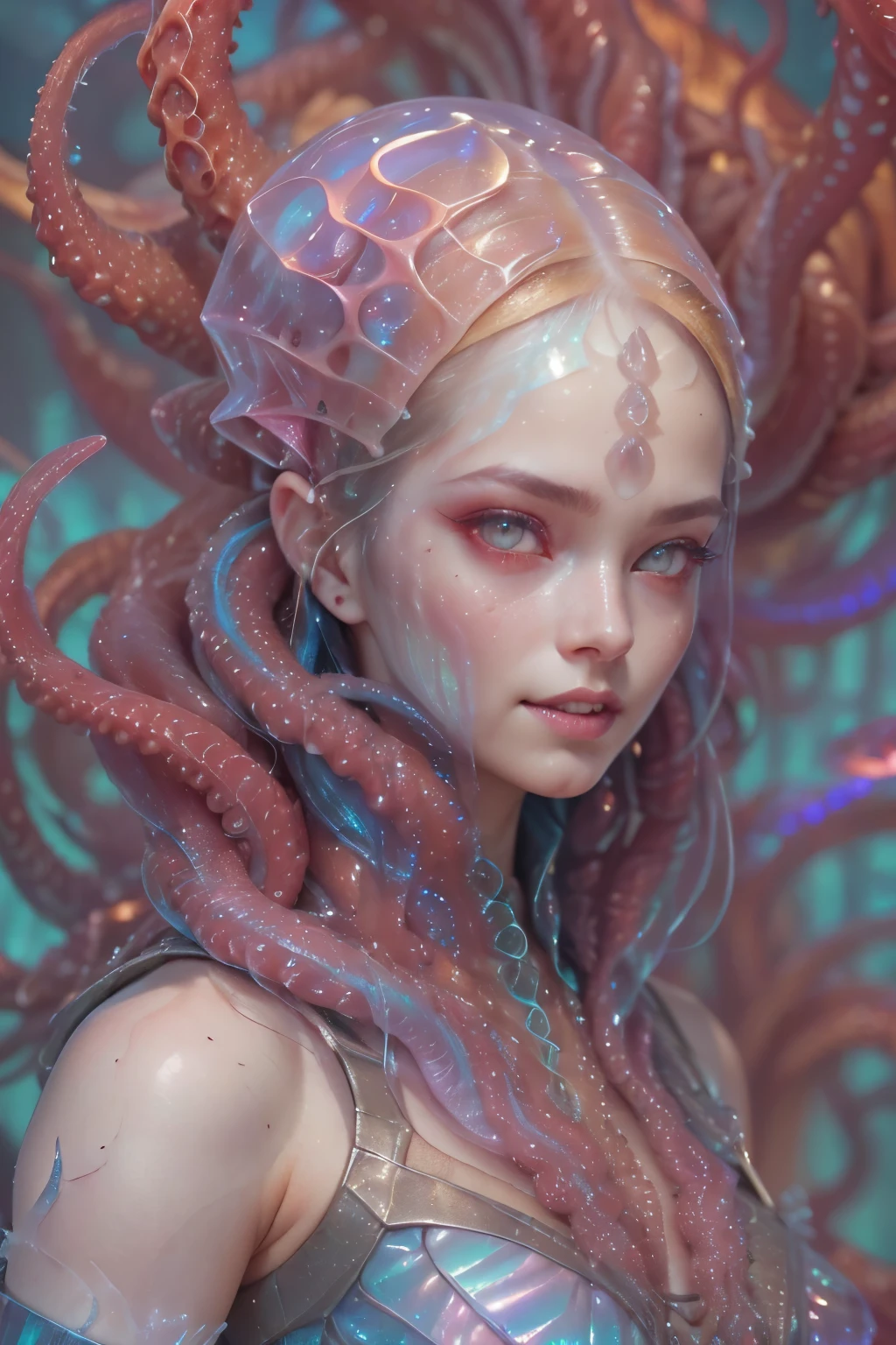 (1 beautiful and obscene female alien:1.4), (There is a female genital-like organ in the middle of the forehead:1.95), (vulgarity1.7), (she is looking at viewers with glowing red eyes with no pupils:1.8), (She has translucent pale skin:1.7),(She has the most beautiful face in the history of the universe:1.2), (She has multiple bioluminescent organs on the side of her tentacles:1.4), (Her body is covered with an iridescent exoskeleton:1.6), (She is showingh her arm pits:1.4), an evil gaze that seduces, (large mouth:1.1), (sharp teeth like a vampire:1.2), Full body portrait, (bio luminescent:1.5), (Smile wickedly:1.3), (ypose:1.5), alien, No humans, cells are fused, (there are lots of translucent tentacles from her head like her hair:1.8) extraterrestrial, cell, bio image, masterpiece, ultra high resolution, (photos realistic:1.7), scary and sexetailed art in color, best quality, 8K,In 4K_quality, High freshness, Dramatic Lighting, cinematic quality, (exquisite details:1.2), High freshness, drawing faithfully, (Thick eyebrows:1.2), Beautiful eyes with fine symmetry,(Highly detailed face and eyes:1.2),(Super detailed skin quality feeling:1.4), perfect anatomy, (Beautiful toned body:1.5), (Moist skin:1.2), not wearing makeup, (dark circles:1.1), long canines, cinematic drawing of characters, cinematic quality, (exquisite details:1.2), high resolution, High freshness, drawing faithfully, official art, Unity 8K Wall paper, ultra detailed artistic photography, midnight aura, unreal engine 5, Ultra Sharp Focus, art by Amano Yoshitaka, ArtGerm, Roisch, intricate artwork,ultra realistic realism, dream-like, Creation of fantasy, dream Snail, (biopunk nautilus:1.3),Thrilling color schemes, seductively smiling, Amazing mutation, well-proportioned body, goddess of the deep sea, fractal, Geometric pattern, impossible figures,(asymmetry:1.4), (white tentacles with blue stripes:1.4), subtle emerald green accents, (expression of ecstas wearing iridescent biological armor