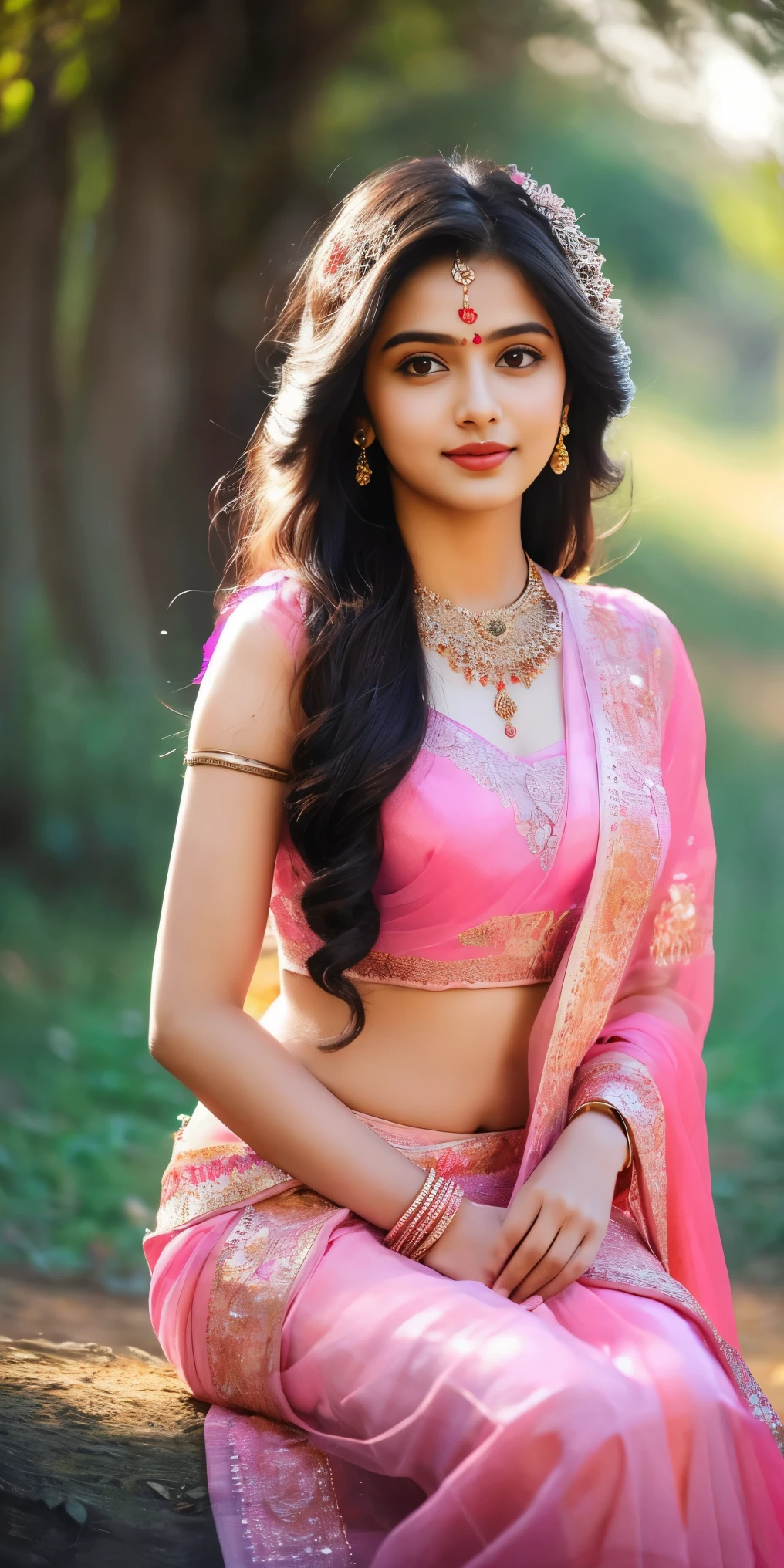 8K, ultra high detailed, an indian girl, cute face, happy, long hair, impressive hairstyle, detailed eyes, detailed lips, indian clothes, saree, pink saree, lace, wearing jewellery, nature background, flowers, afternoon, shadow, clear weather, sitting, whole body capture,