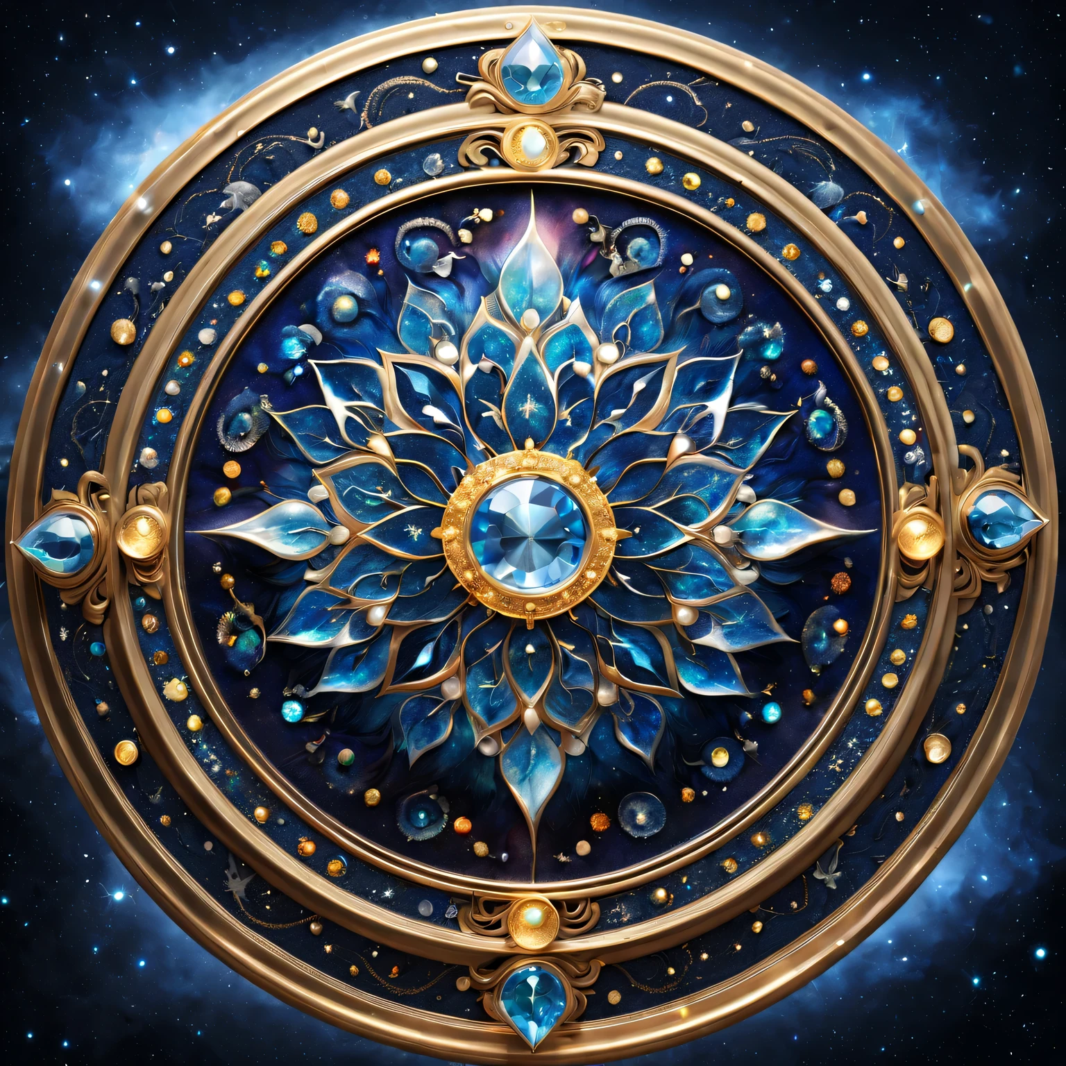 best quality，（fidelity：1.37），Super fine，The legendary magic diamond shield，sparkling in the starry night，Glittery silver and gold finish，Decorated with intricate zodiac carvings，A masterpiece of art and craftsmanship，full of cosmic power，Surface studded with colorful gems，Refract light from all directions，Create a mesmerizing kaleidoscope，Translucent and ethereal，Conveys an aura of protection and strength，Illuminated by brilliant moonlight，Cast a majestic and charming light，symbol of courage and perseverance，awesome and amazing。
