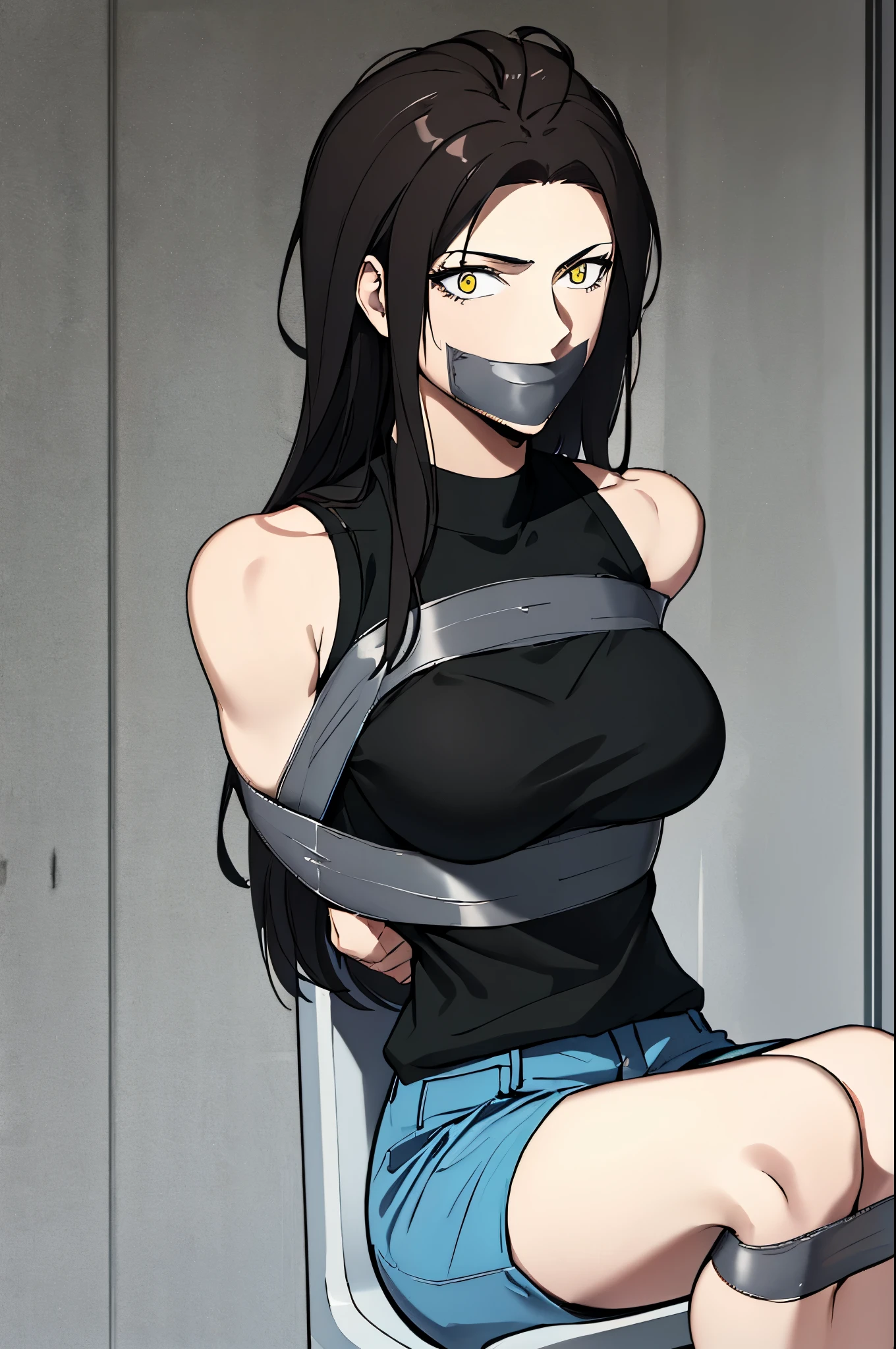 black hair,yellow eyes,(absurdres, 8k, 4k, masterpiece, hyper extreme detailed:1.2), solo, 1girl, front view, perfect face, 1girl, portrait, expressive eyes, looking at viewer, solo, standing, Female, toned body, mature female, large breasts, pale, , long hair, swept bangs, athletic body, stoic, windy hair, moving hair, moving clothes, Shorts, black shirt, , Military, battle worn, scars, messy hair, smile, happy, heroic, perfect anatomy, friendly, heroism, blue sky, sun, clouds, muscular, half body, bound, bondage, (arms behind back:1.4), bdsm, tape gag, tape, tape bondage, restrained, best anatomy, tape wrapped, wrap gag, tightly bound, tape wrapped around face, tape above breasts, tape below breasts, sitting down, tape gag, long hair, tape between breasts, taped forearms, taped elbows, taped abdomen, taped nose, taped between arms, black t-shirt, sleeveless
