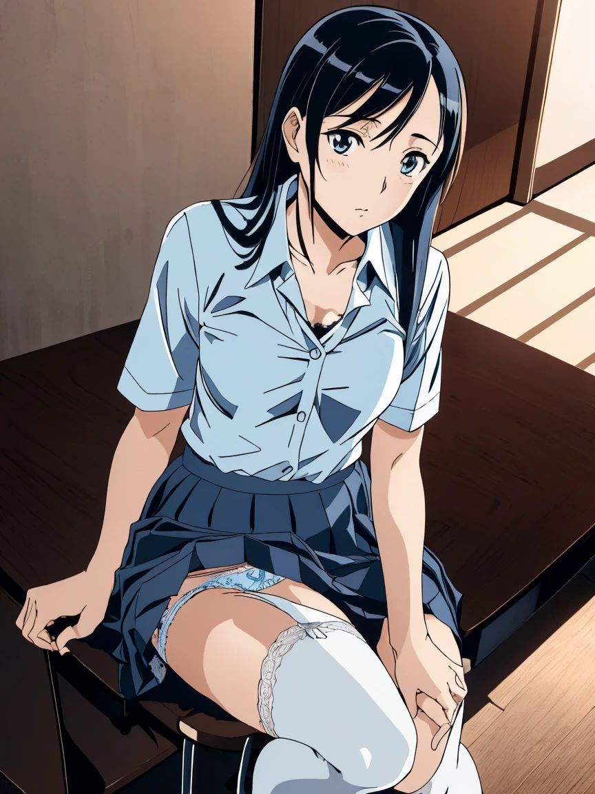highest quality, table top, Super high resolution, (realistic: )2D official style cell animation high school girl uniform white line it on a chair frontage Lift the shirt light blue lace bra nipple Please show me your light blue lace underwear please be shy long hair straight hair knee socks low person