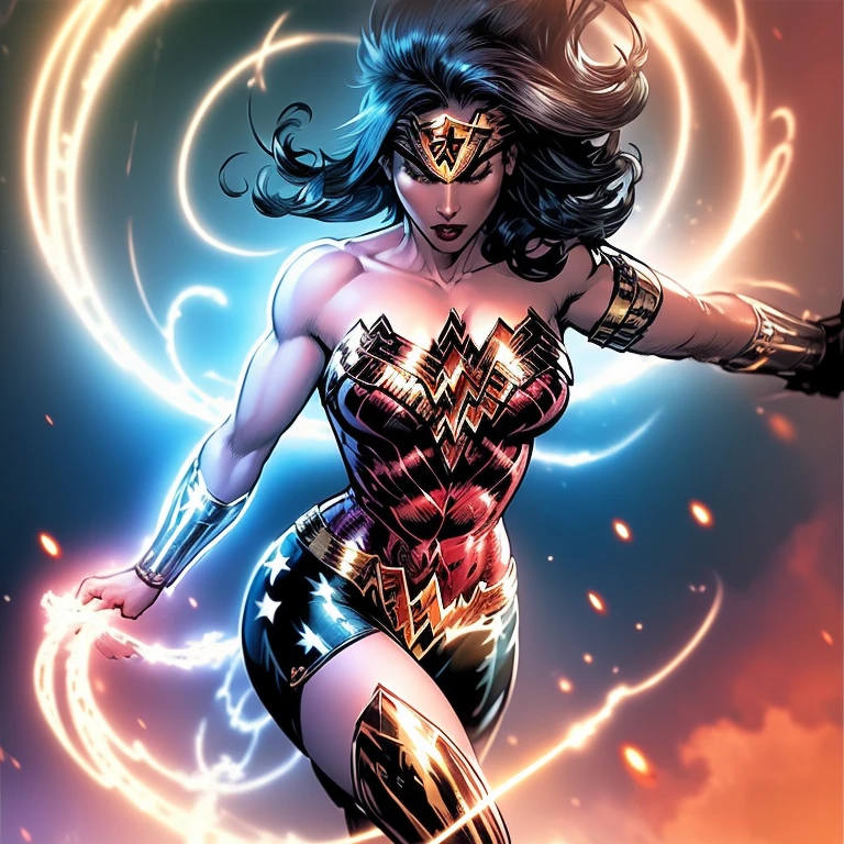 A stunning depiction of Wonder Woman in her iconic Green Lantern suit, accentuating her powerful presence and formidable physique. This illustration showcases her ample bosom, adding a touch of sensuality to her superhero persona. The vibrant colors and intricate detailing bring the character to life, capturing every curve and contour with precision. The composition exudes an air of confidence and strength, with Wonder Woman commanding attention with her prominent attributes. This artwork is a masterful blend of fantasy and realism, immersing viewers in a visually captivating and captivatingly detailed portrayal of the legendary superheroine.