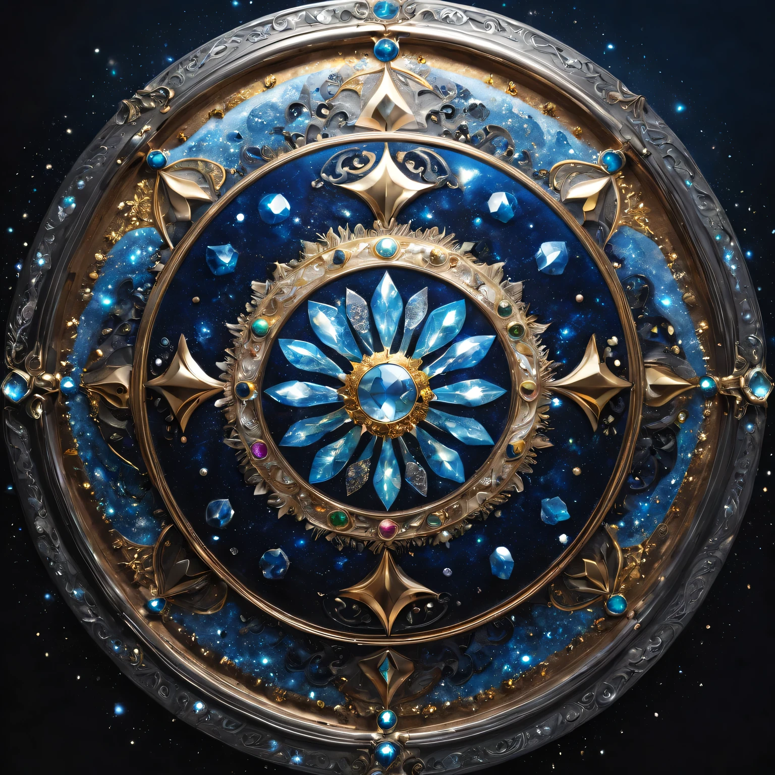 best quality，（fidelity：1.37），Super fine，The legendary magic diamond shield，sparkling in the starry night，Glittery silver and gold finish，Decorated with intricate zodiac carvings，A masterpiece of art and craftsmanship，full of cosmic power，Surface studded with colorful gems，Refract light from all directions，Create a mesmerizing kaleidoscope，Translucent and ethereal，Conveys an aura of protection and strength，Illuminated by brilliant moonlight，Cast a majestic and charming light，symbol of courage and perseverance，awesome and amazing。