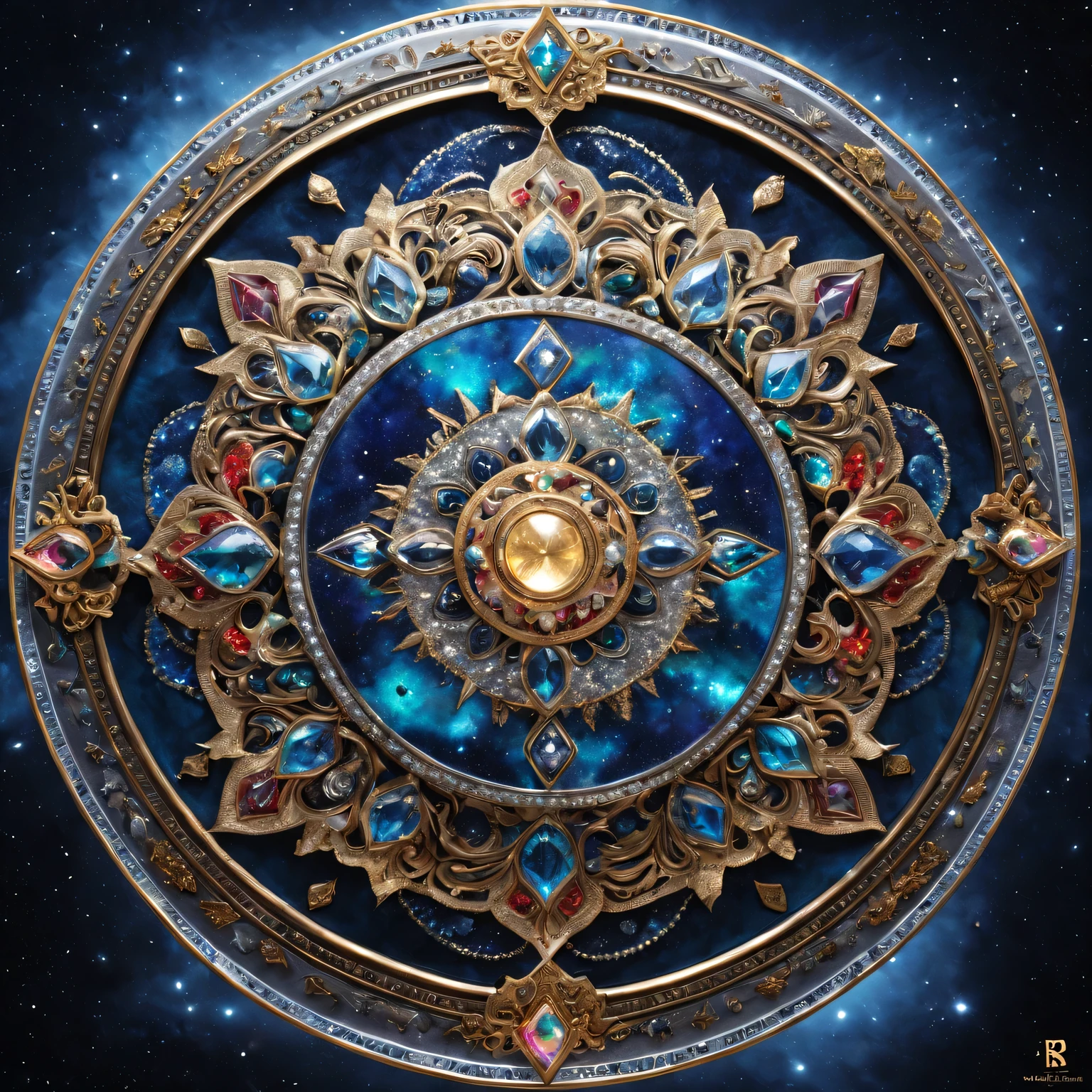 best quality，（fidelity：1.37），Super fine，The legendary magic diamond shield，sparkling in the starry night，Glittery silver and gold finish，Decorated with intricate zodiac carvings，A masterpiece of art and craftsmanship，full of cosmic power，Surface studded with colorful gems，Refract light from all directions，Create a mesmerizing kaleidoscope，Translucent and ethereal，Conveys an aura of protection and strength，Illuminated by brilliant moonlight，Cast a majestic and charming light，symbol of courage and perseverance，awesome and amazing。