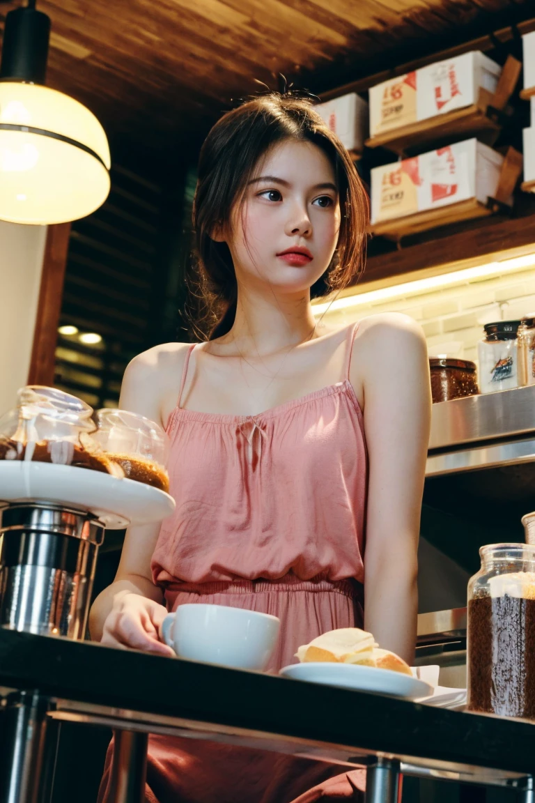 (8k, RAW photo, best quality, masterpiece:1.2), (realistic, photo-realistic:1.2), (photorealistic:1.4), (ultra high res, raw photo:1.4), ultra-detailed, a girl, perfect face, sitting, (upper body:1.3), (pink dress:1.2), (softlight:1.2), (professional lighting:1.2), (studio:1.2), (coffee shop background:1.2), bigoGirl02, (look from below:1.4), (((look at camera)))